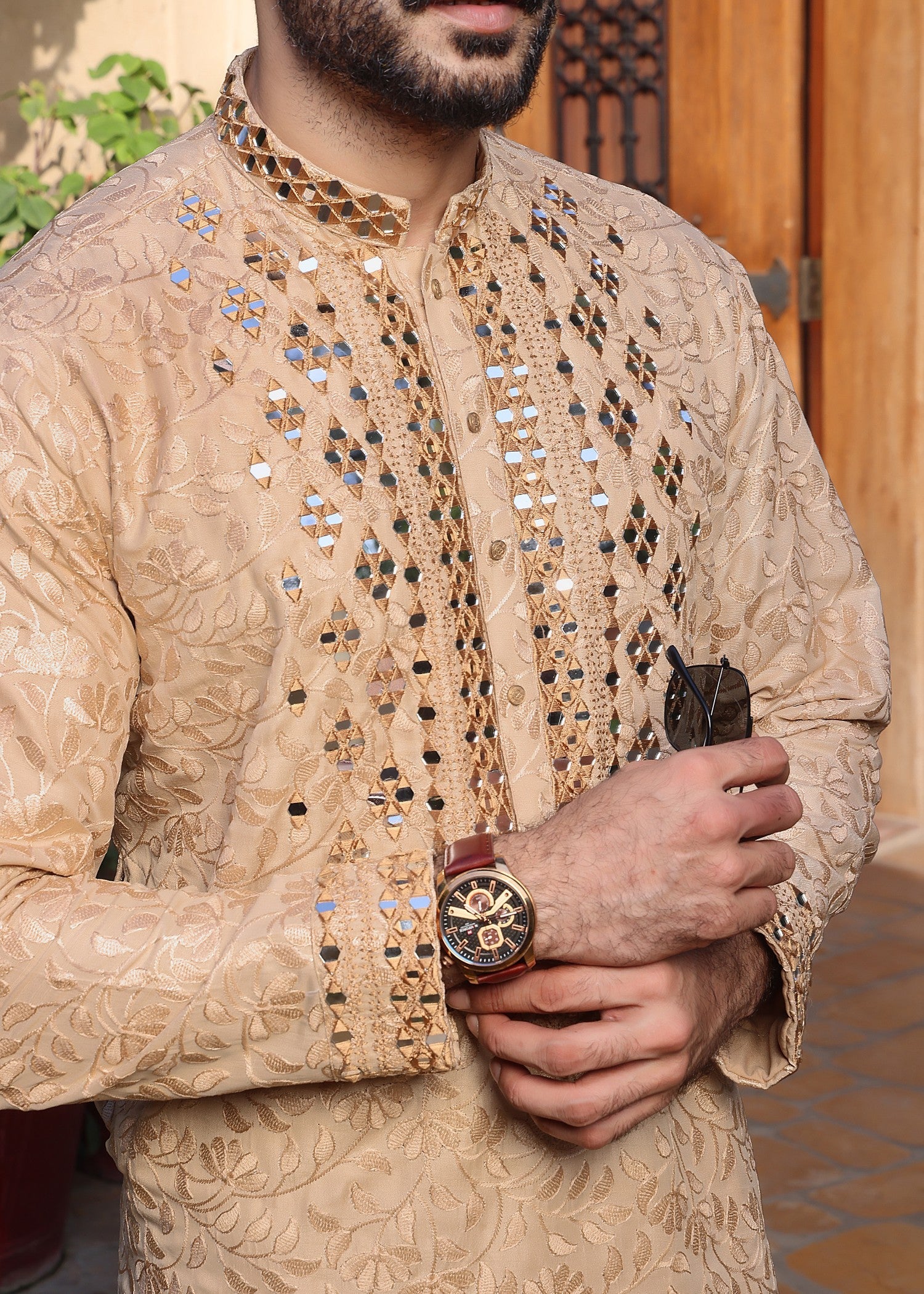 jamawar Kurta Set in Beige