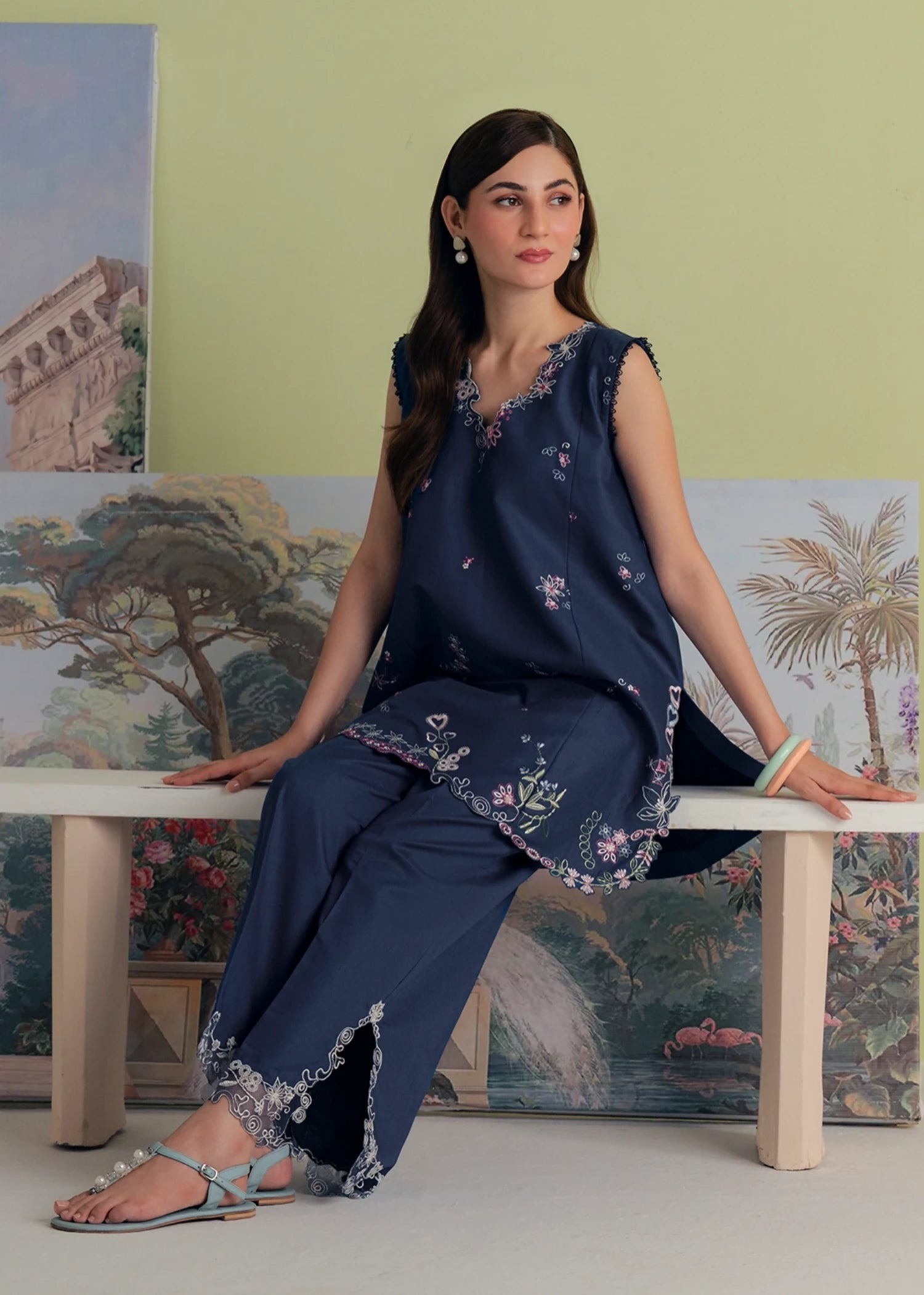 lawn cotton Kurta Set in Midnight blue