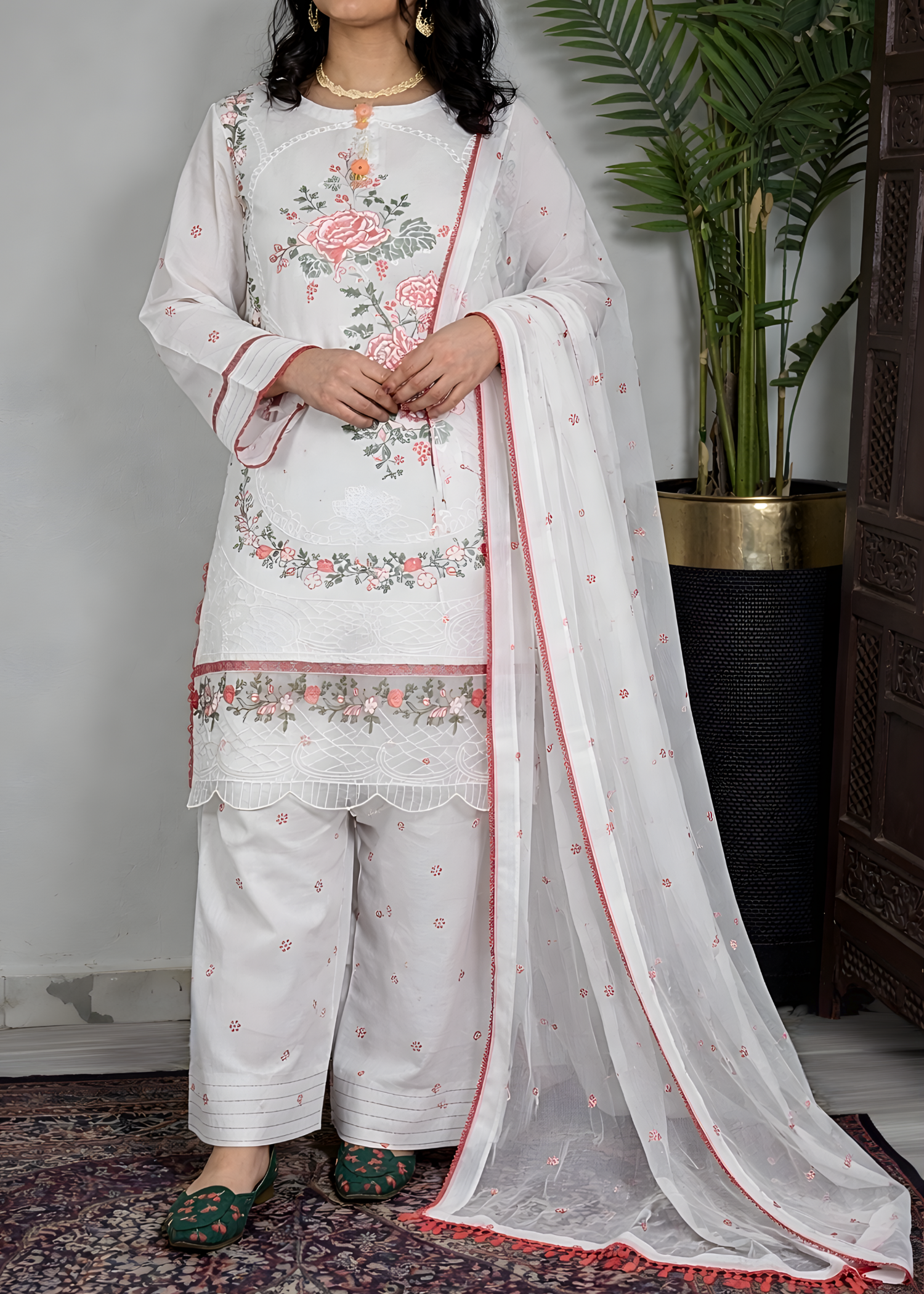 lawn cotton Kurta Set in White