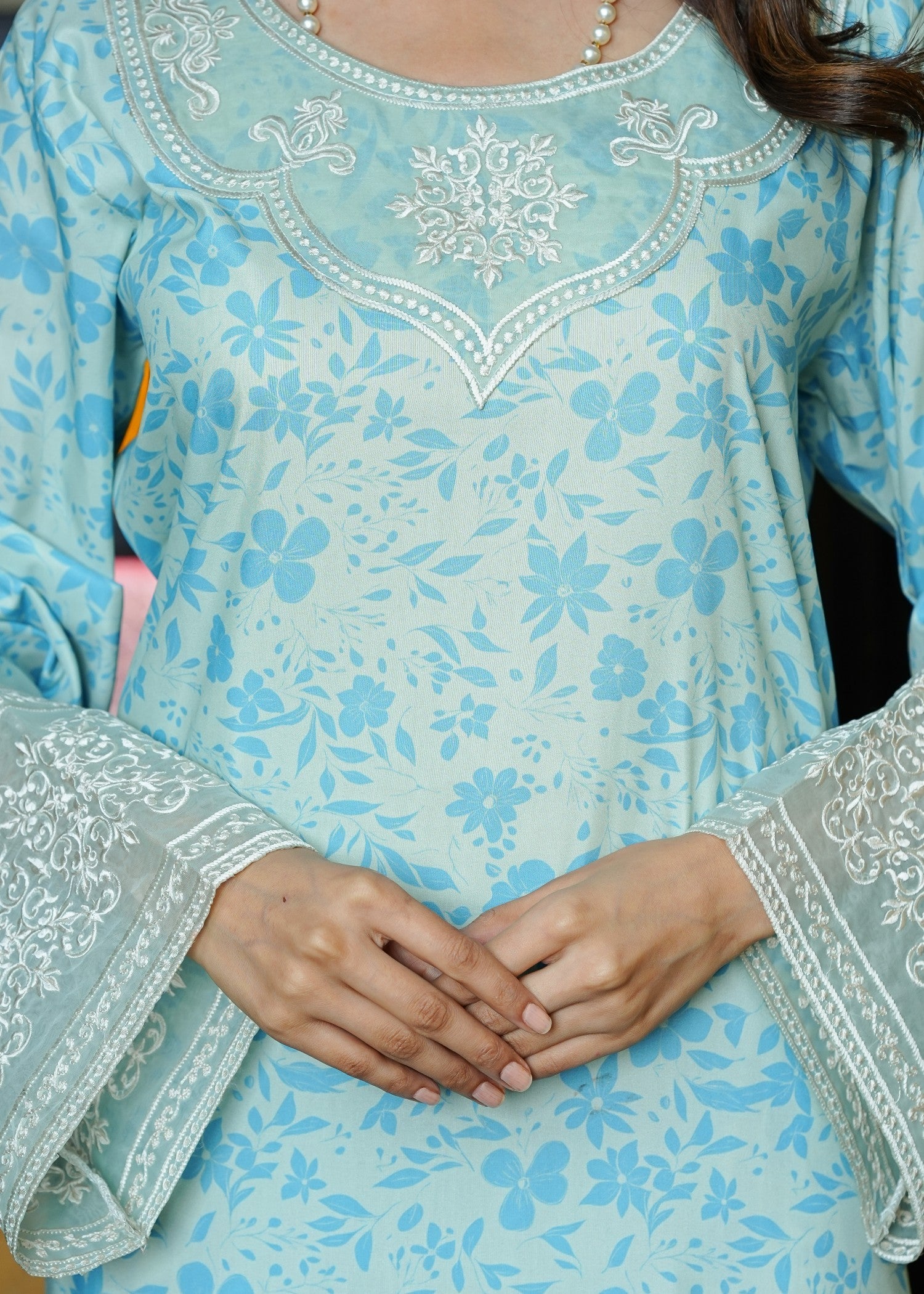 swiss lawn Kurta Set in Ice blue