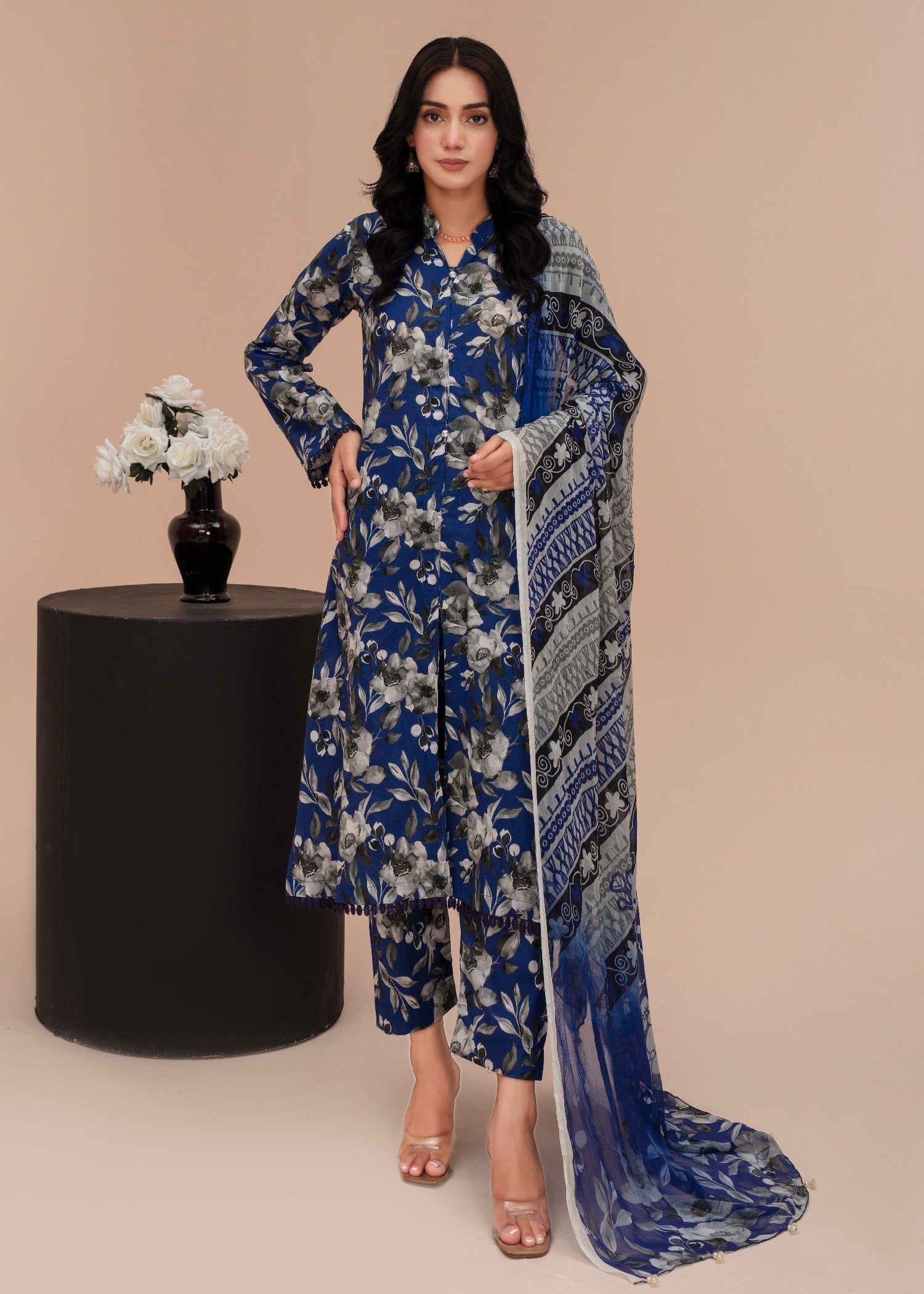 lawn Pishwas in Dark blue