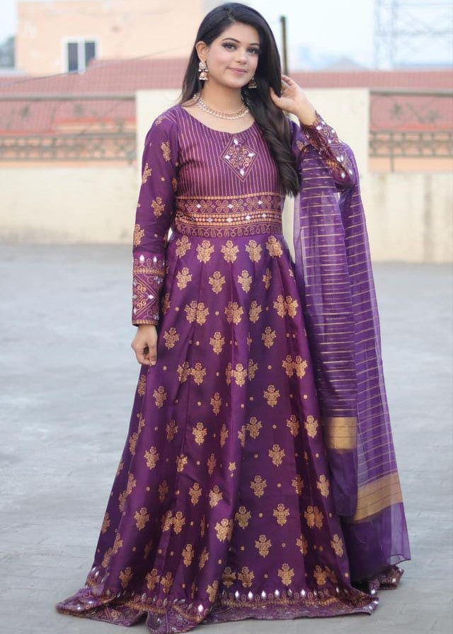 satin silk Anarkali in Purple