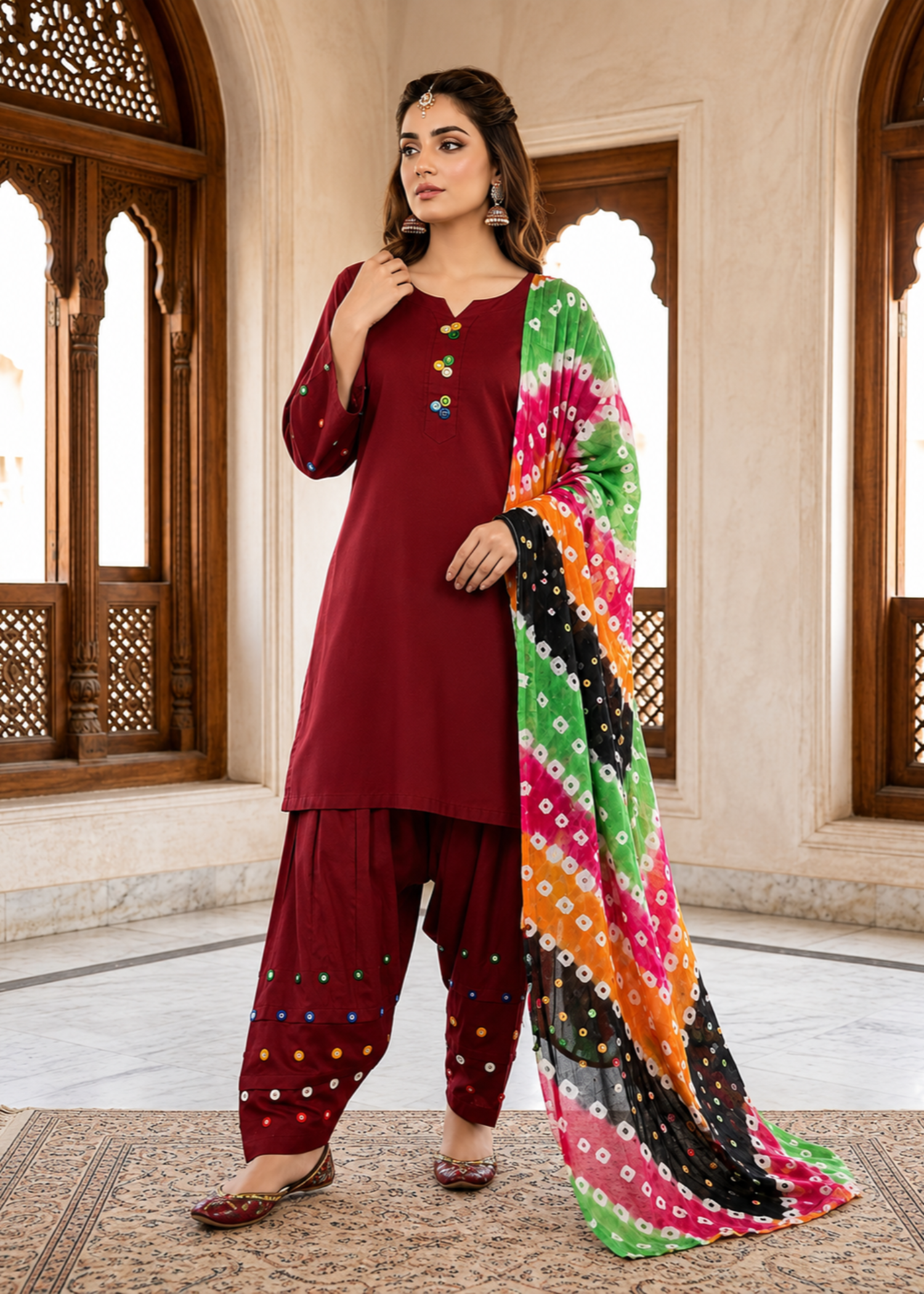 lawn cotton Kurta Set in Persian red