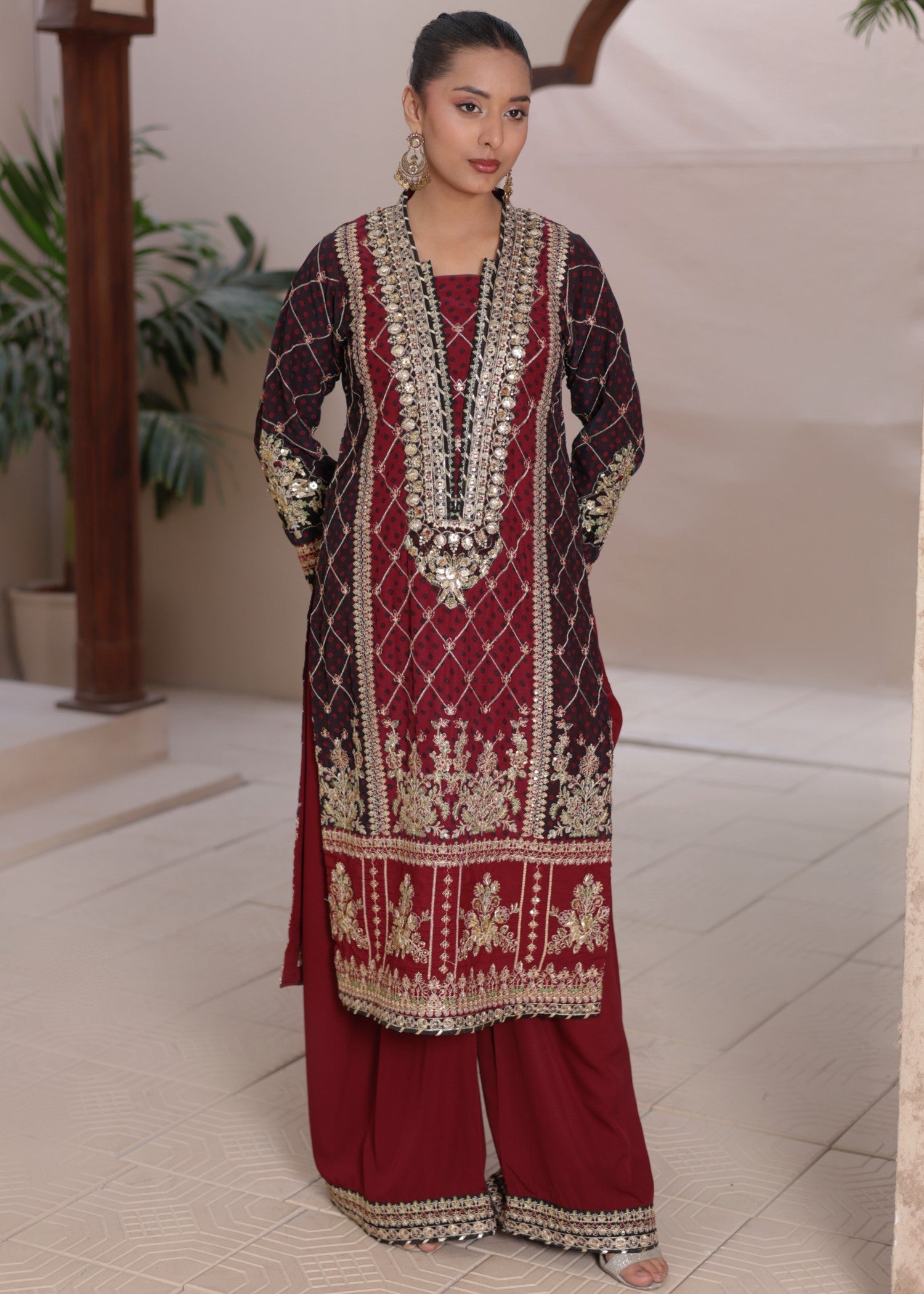 bemberg crinkle chiffon Kurta Set in Maroon