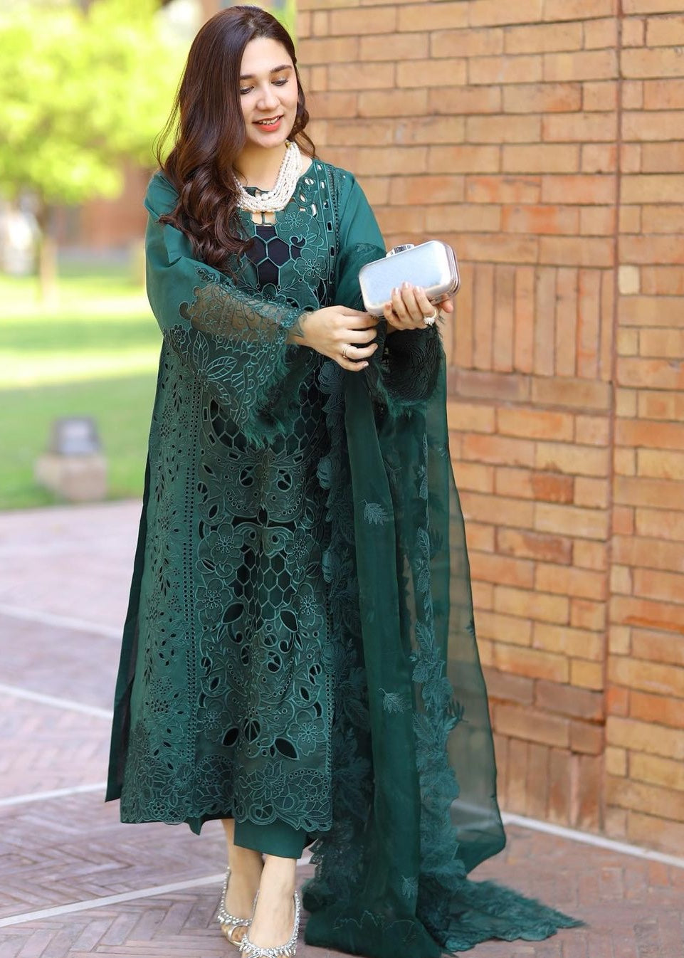 lawn Kurta Set in Bottle green