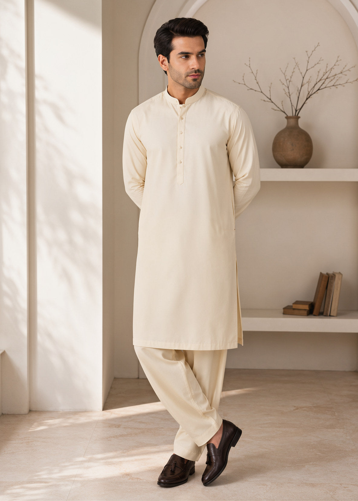boski Shalwar Kameez in Cream by Waqar Mustafa