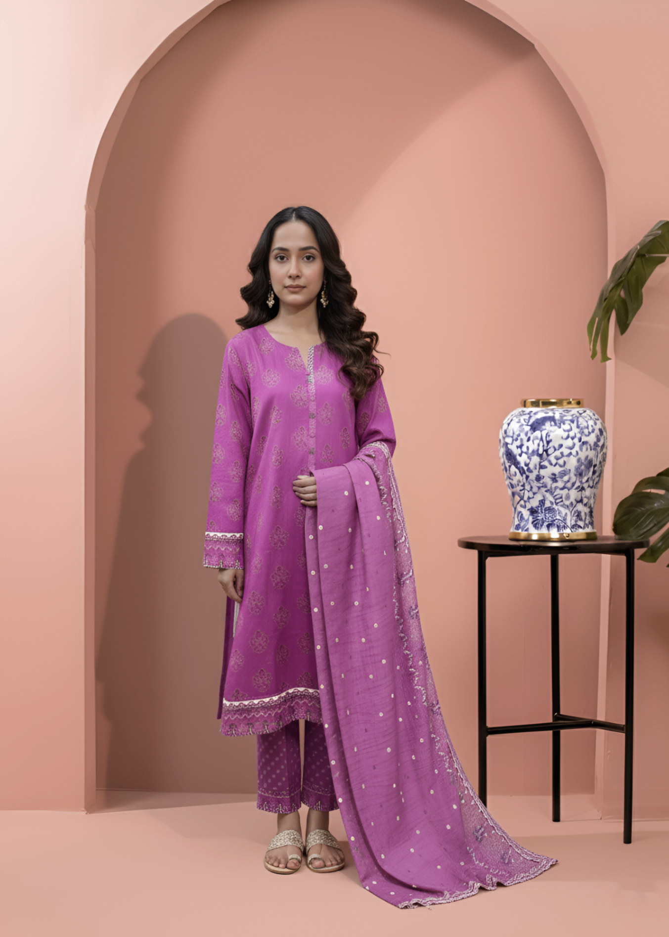 khaddar Kurta Set in Magenta