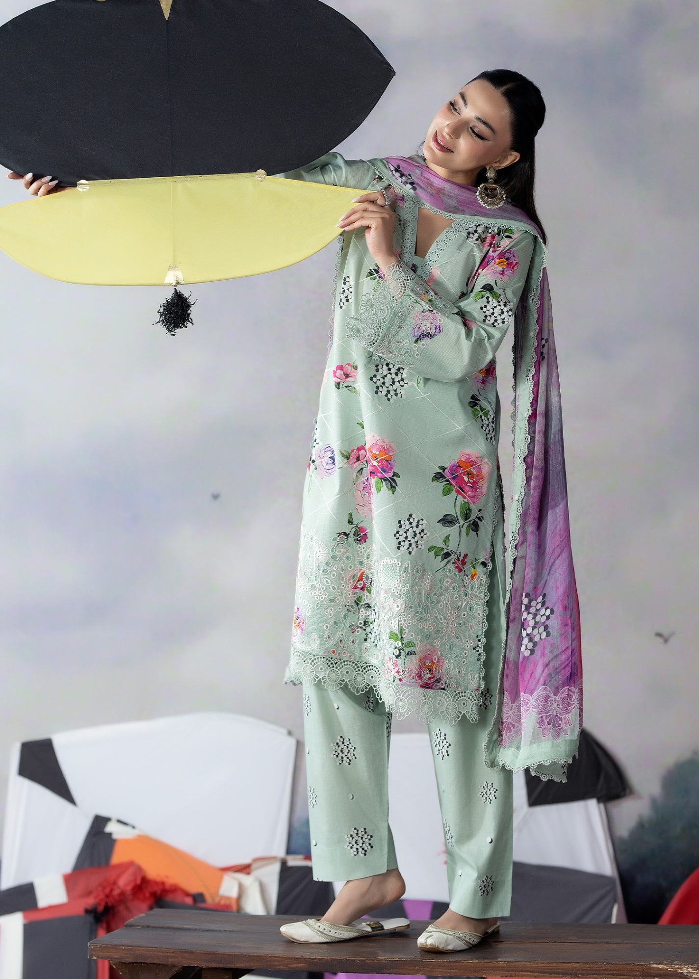 ribbed lawn Kurta Set in Tea green