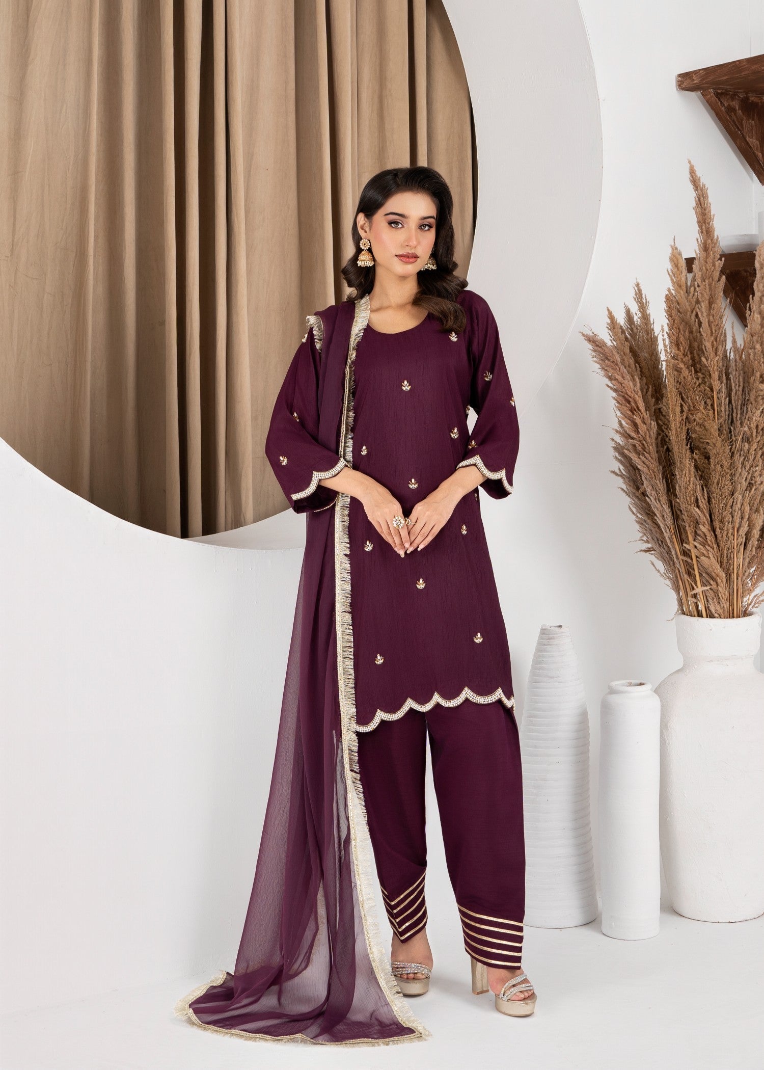 raw silk Kurta Set in Deep purple