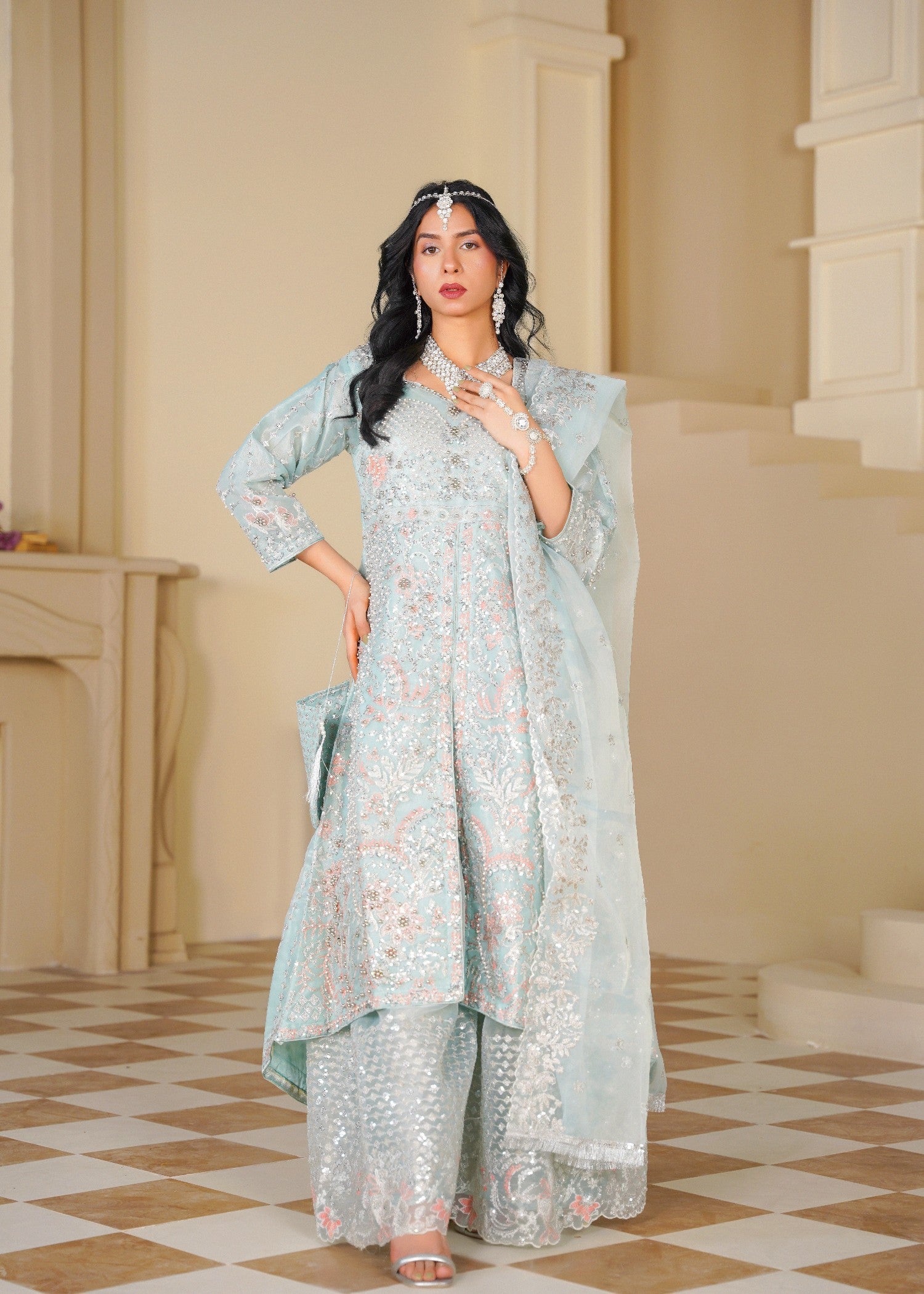 organza Sharara in Silver, ice blue