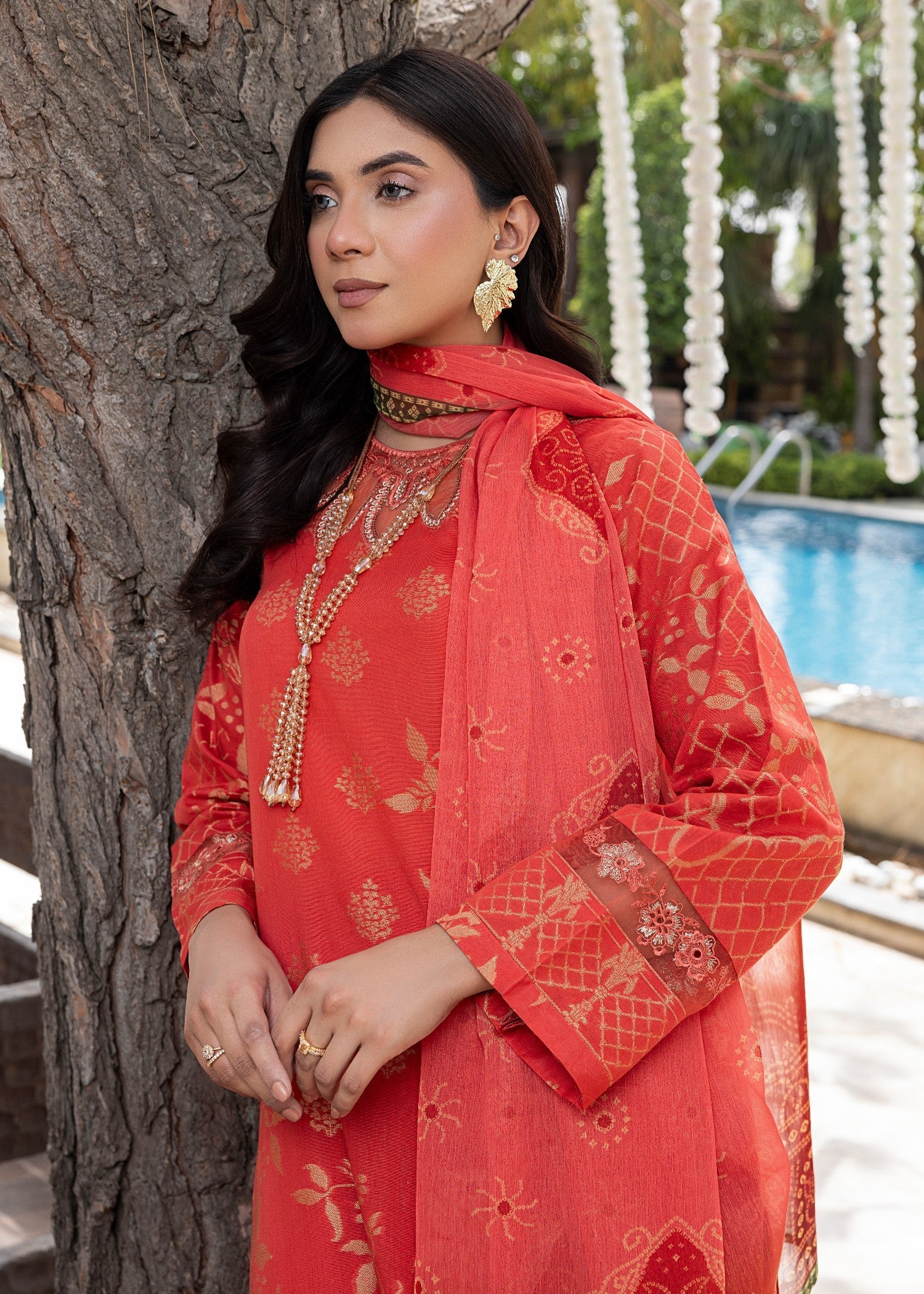 jacquard Kurta Set in Orange