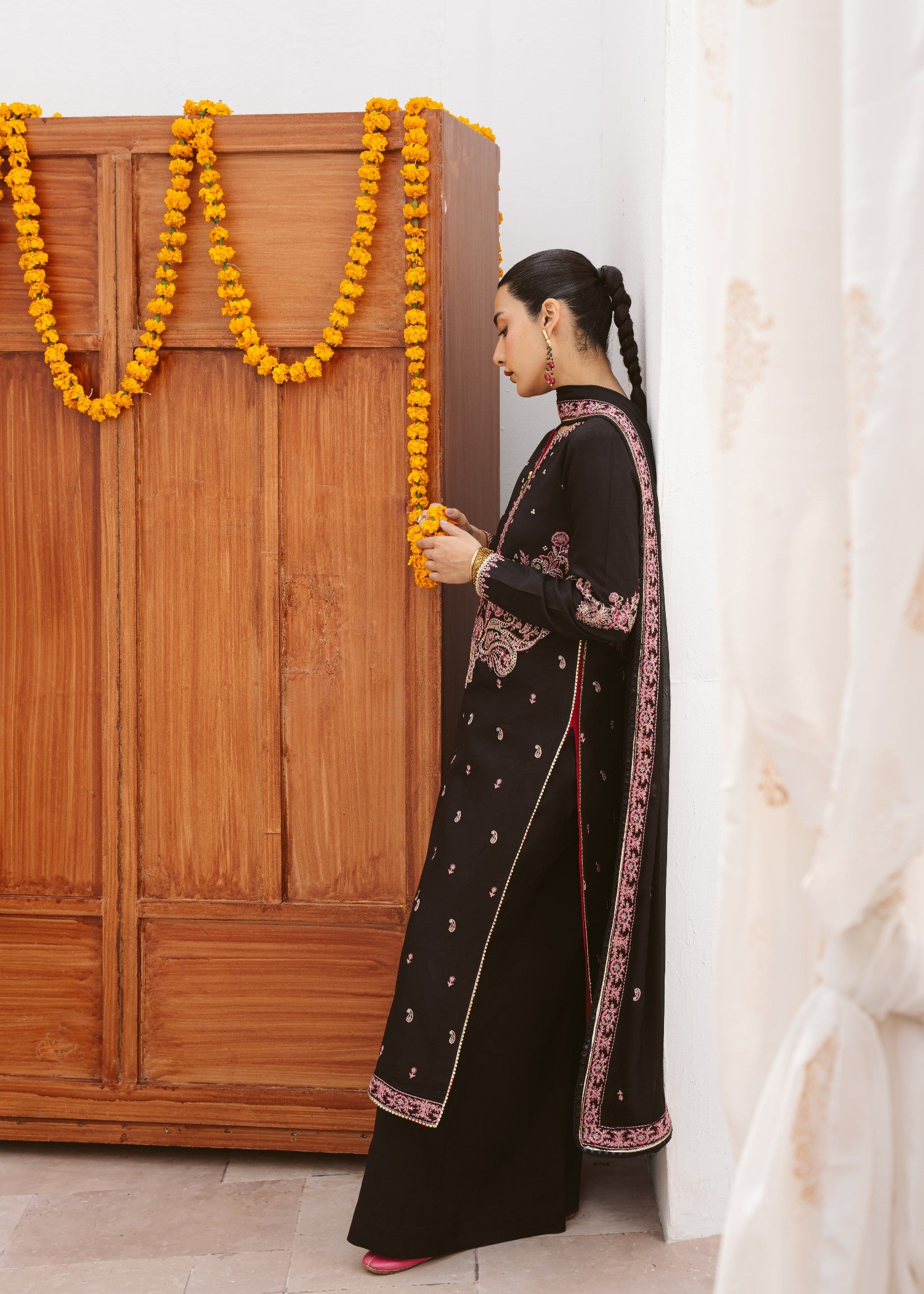 raw silk Pishwas in Jet black