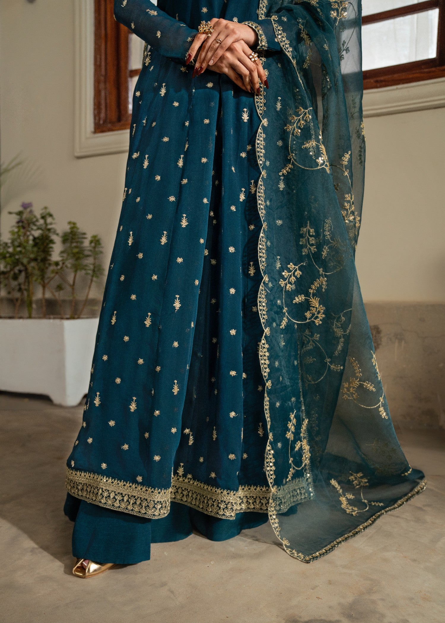 chiffon Pishwas in Bottle green