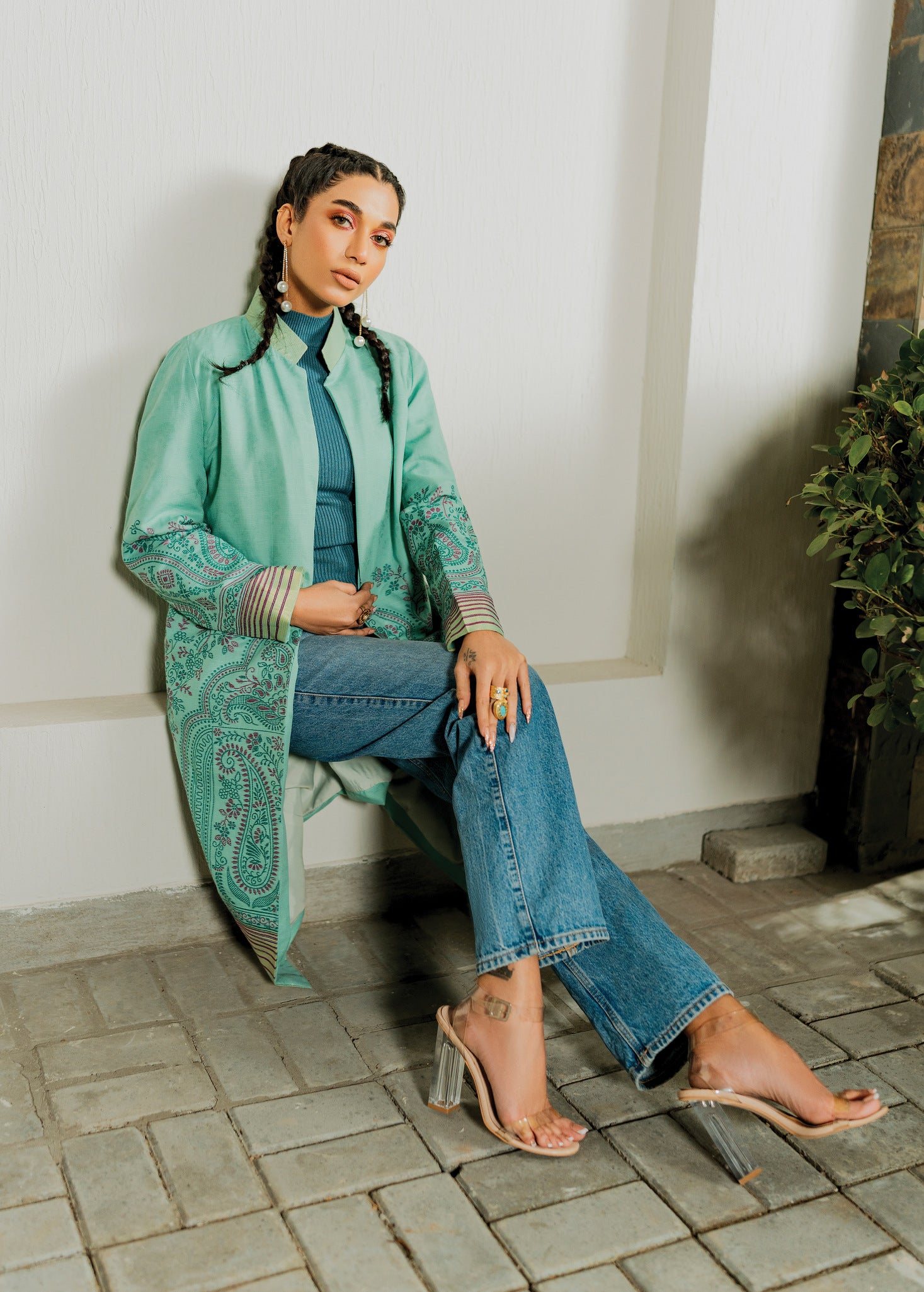 slub khaddar Jacket in Green