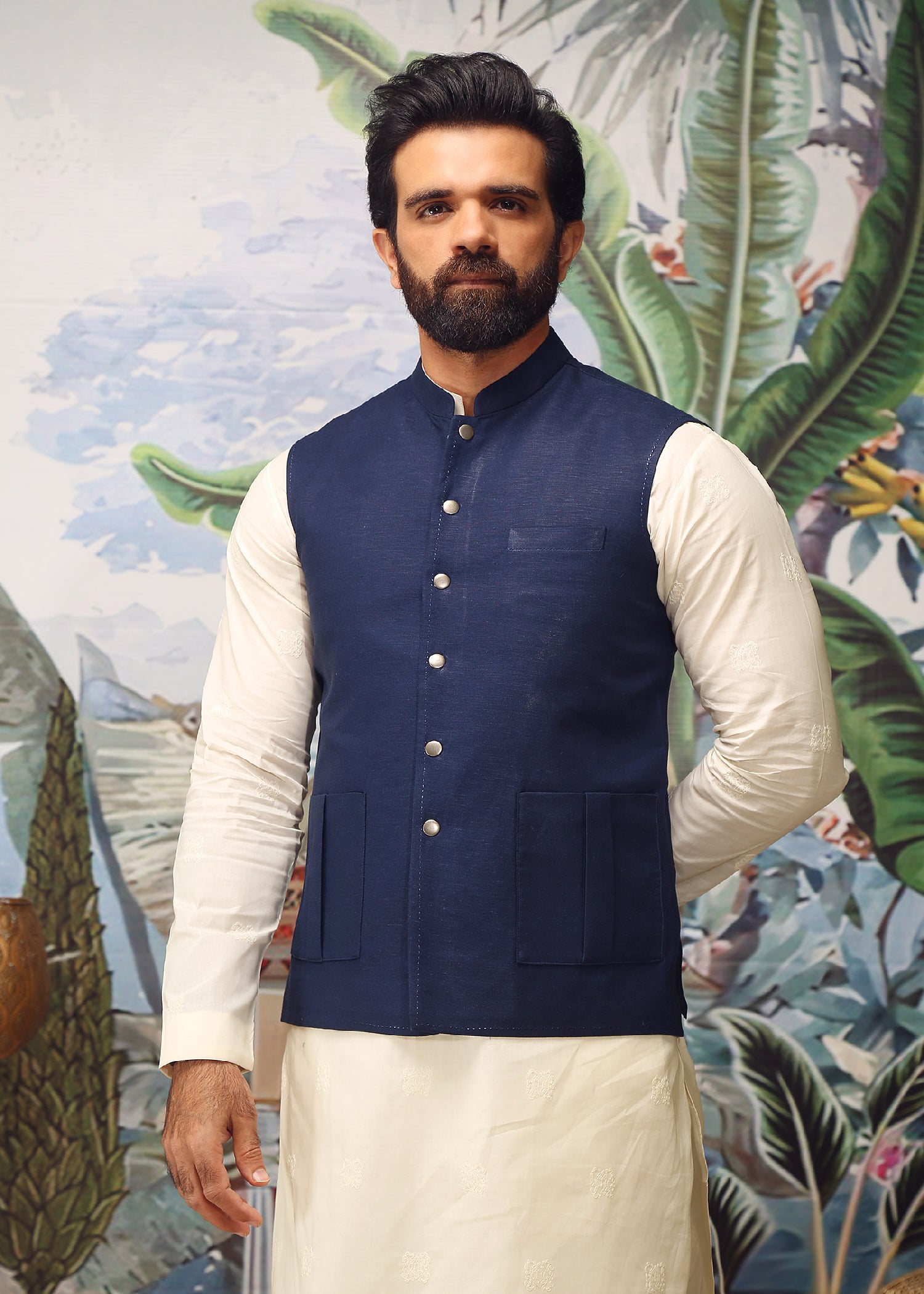 cotton linen Waistcoat in Navy blue