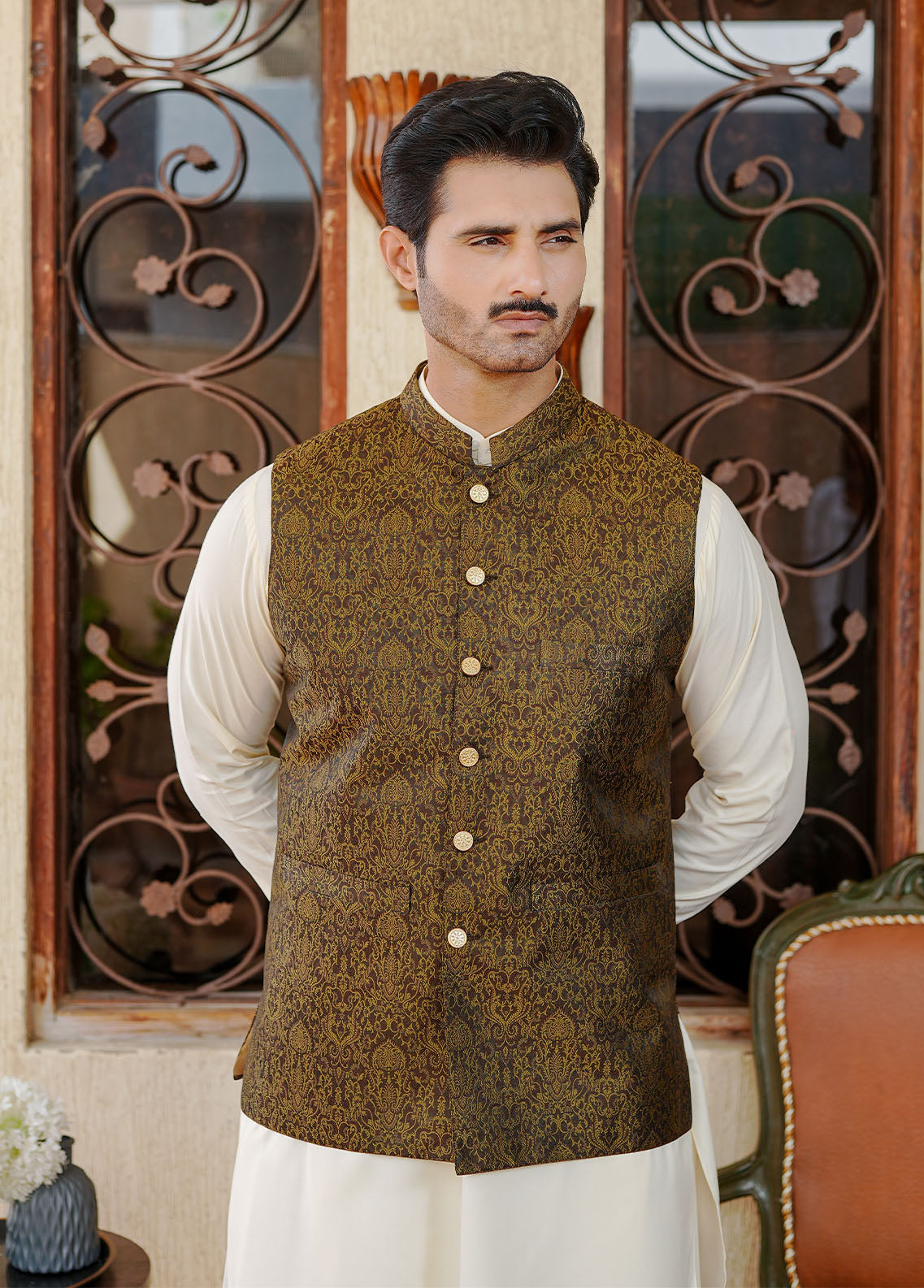 traditional jamawar Waistcoat in Dark brown by Real Image Clothing
