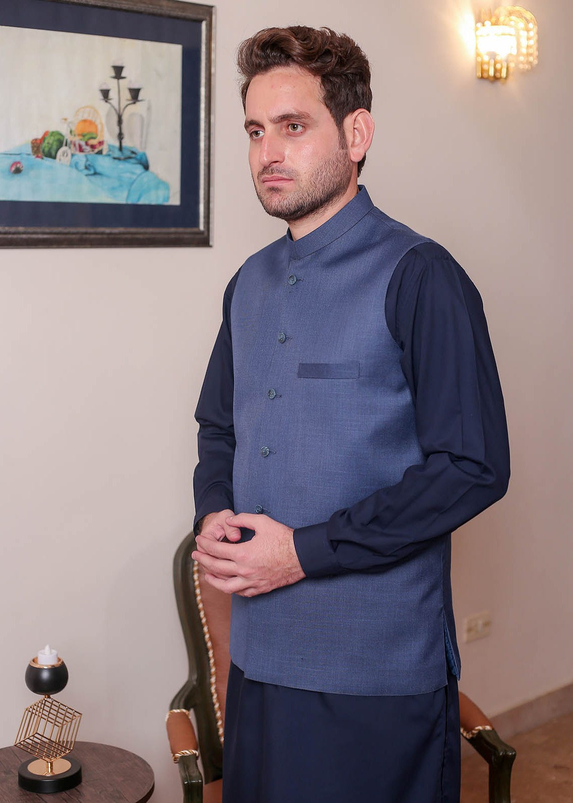 banarsi silk Waistcoat in Blue