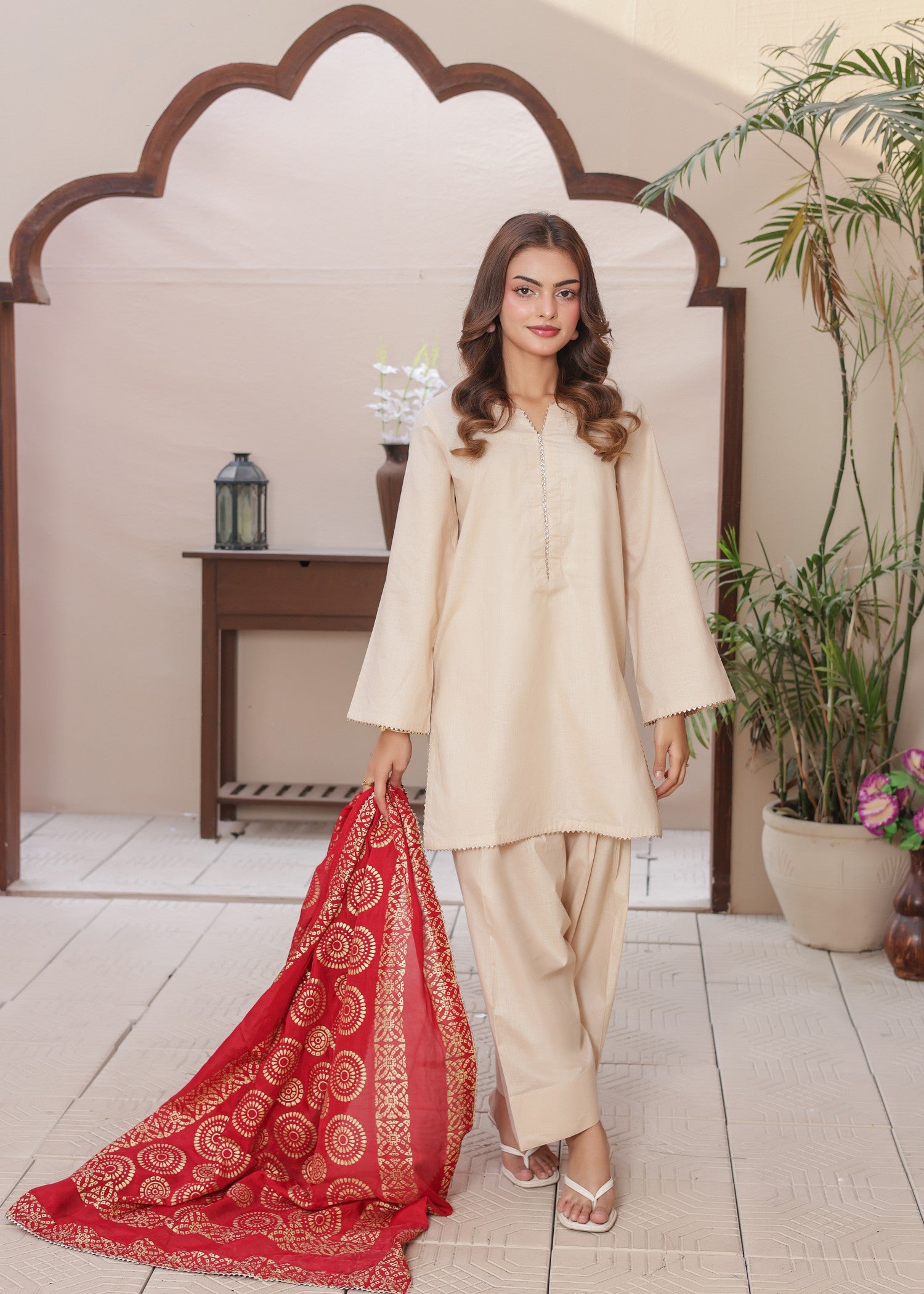 cambric Kurta Set in Fire red