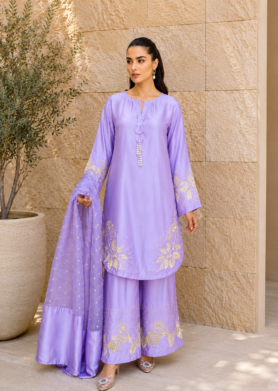 polyester charmeuse Kurta Set in Lilac