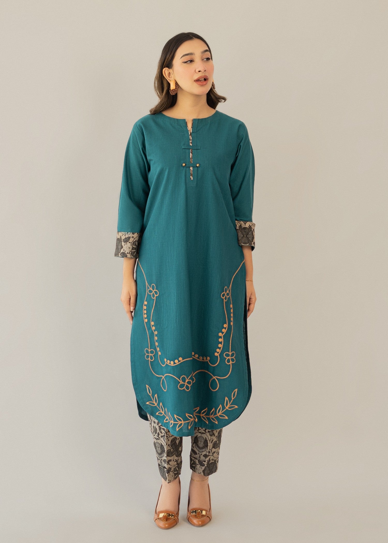 slub khaddar Kurta Set in Sea green