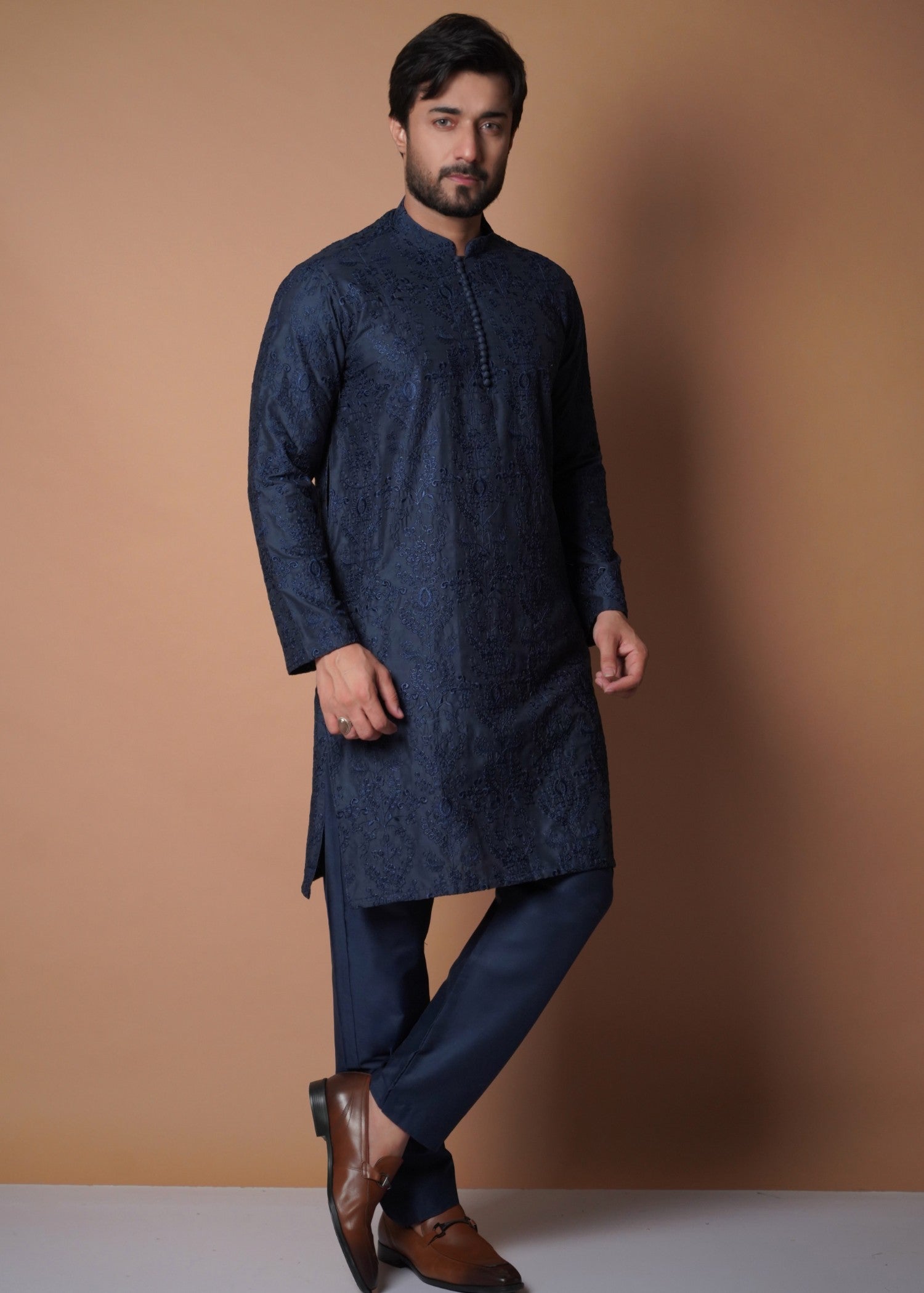 cotton silk Kurta Set in Navy blue