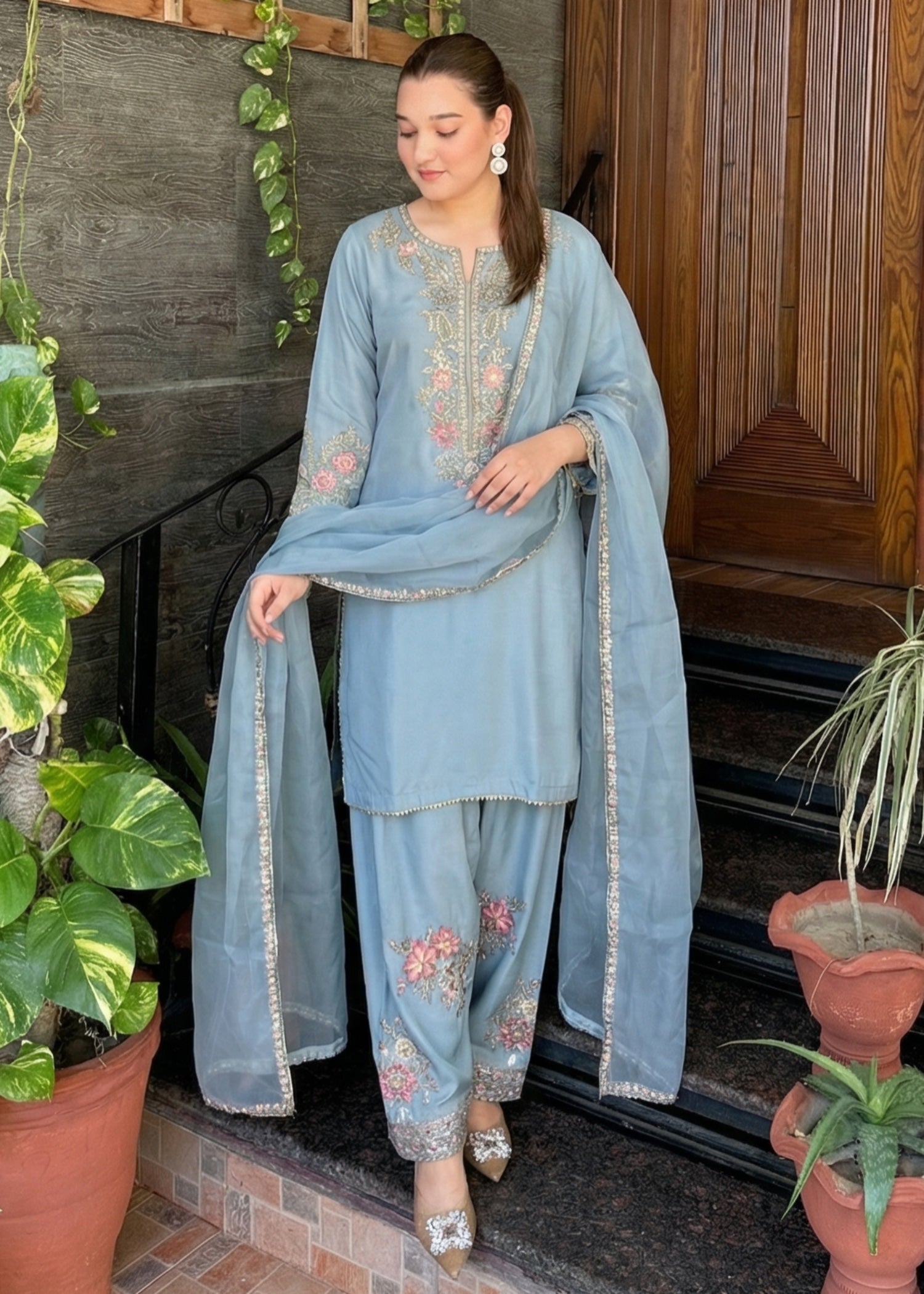 silk Kurta Set in Light blue