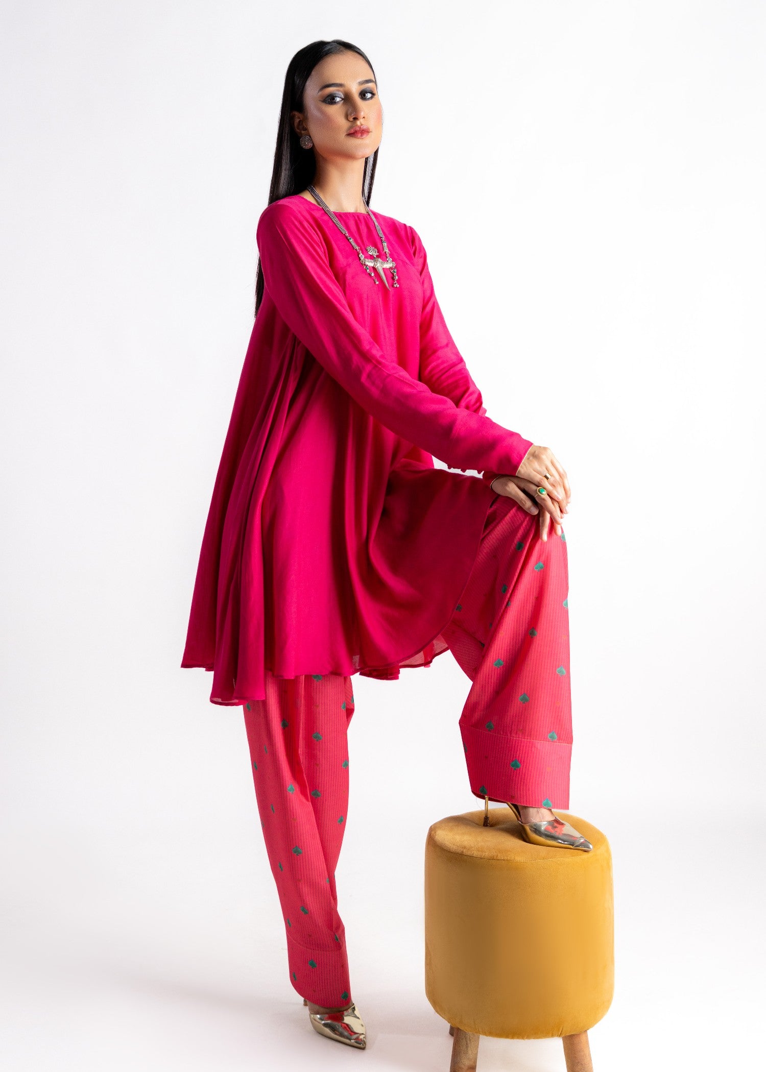 cotton silk Short Frock in Hot pink