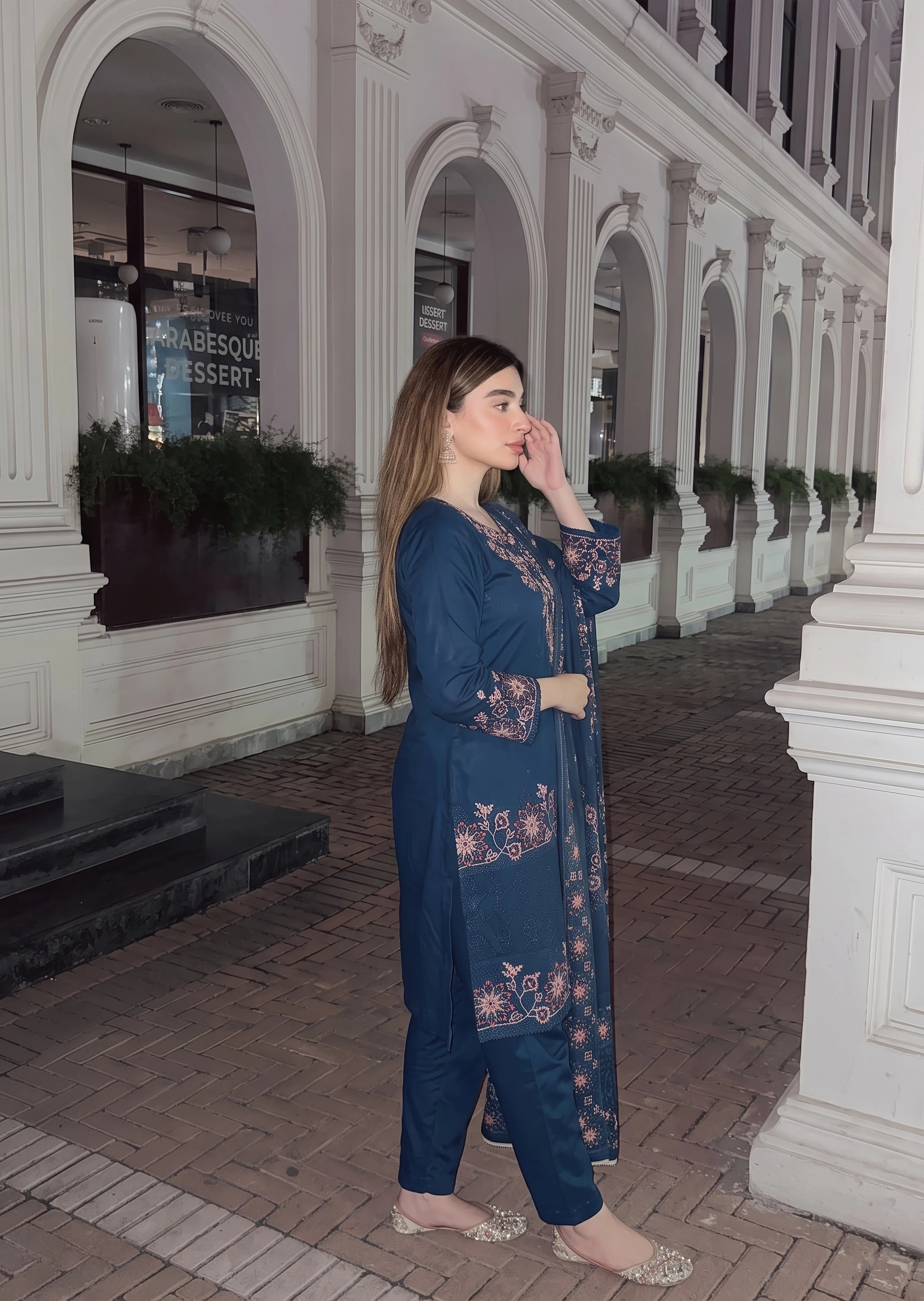 cotton linen Kurta Set in Yale blue