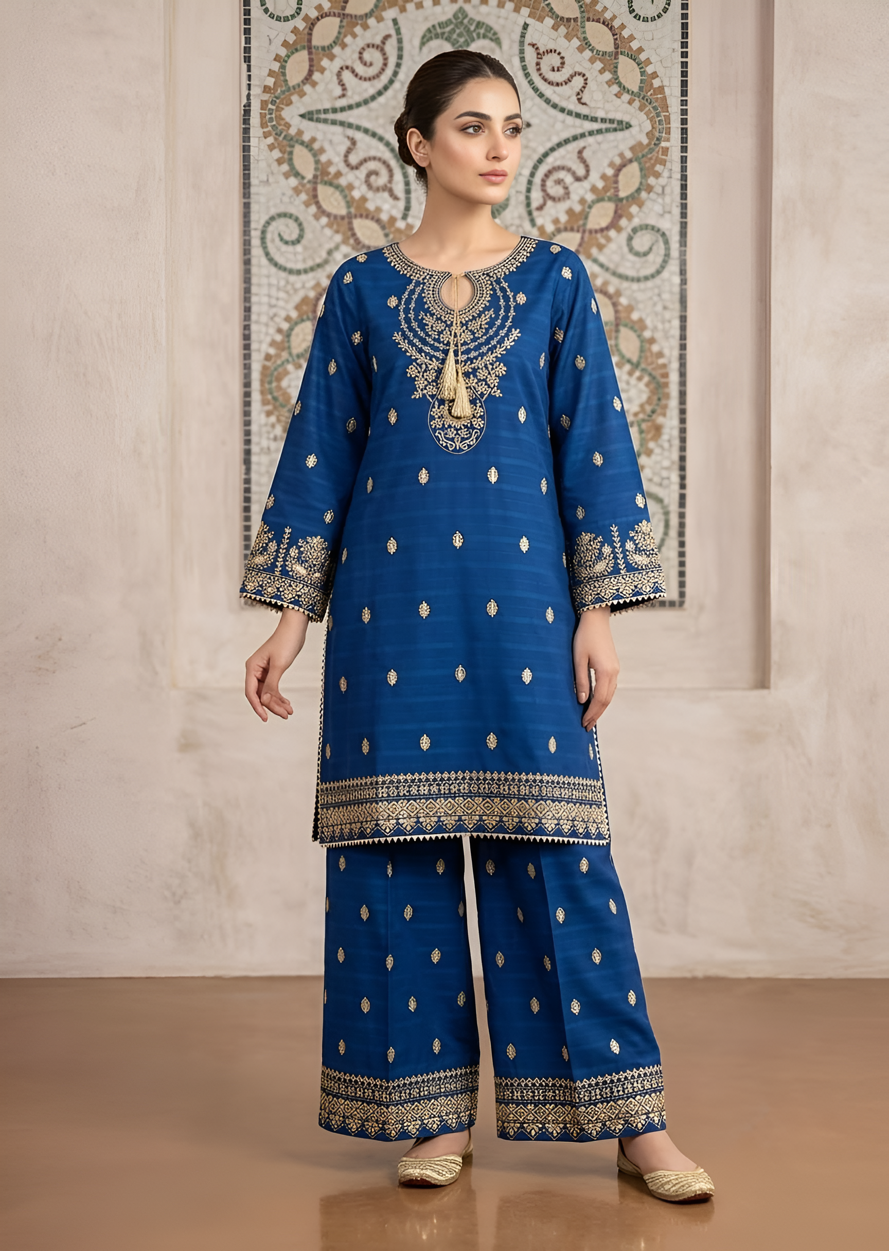 cotton jacquard Kurta Set in Royal blue