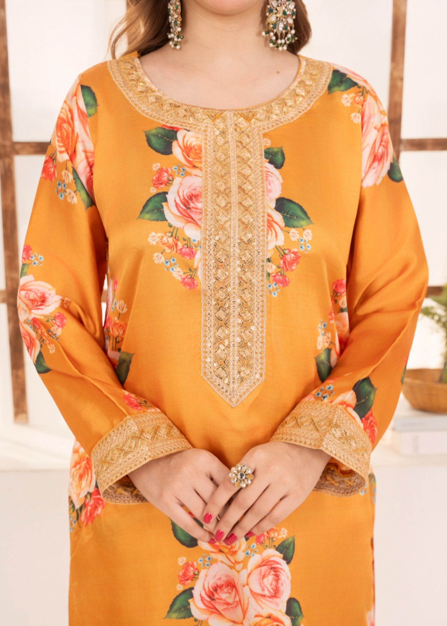 silk charmeuse Kurta Set in Yellow-orange