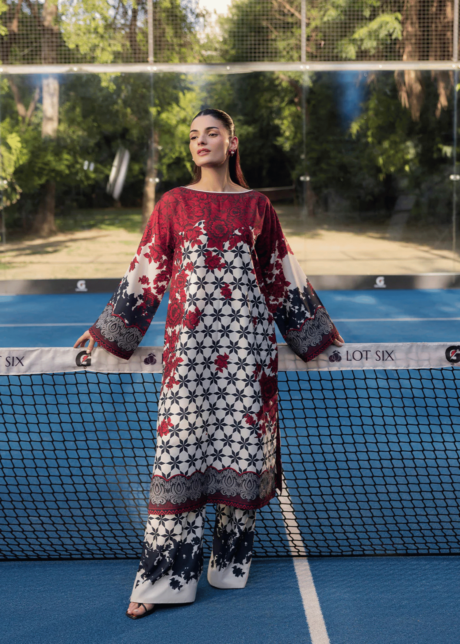 arabic lawn Co Ord Sets in Beige, deep carmine