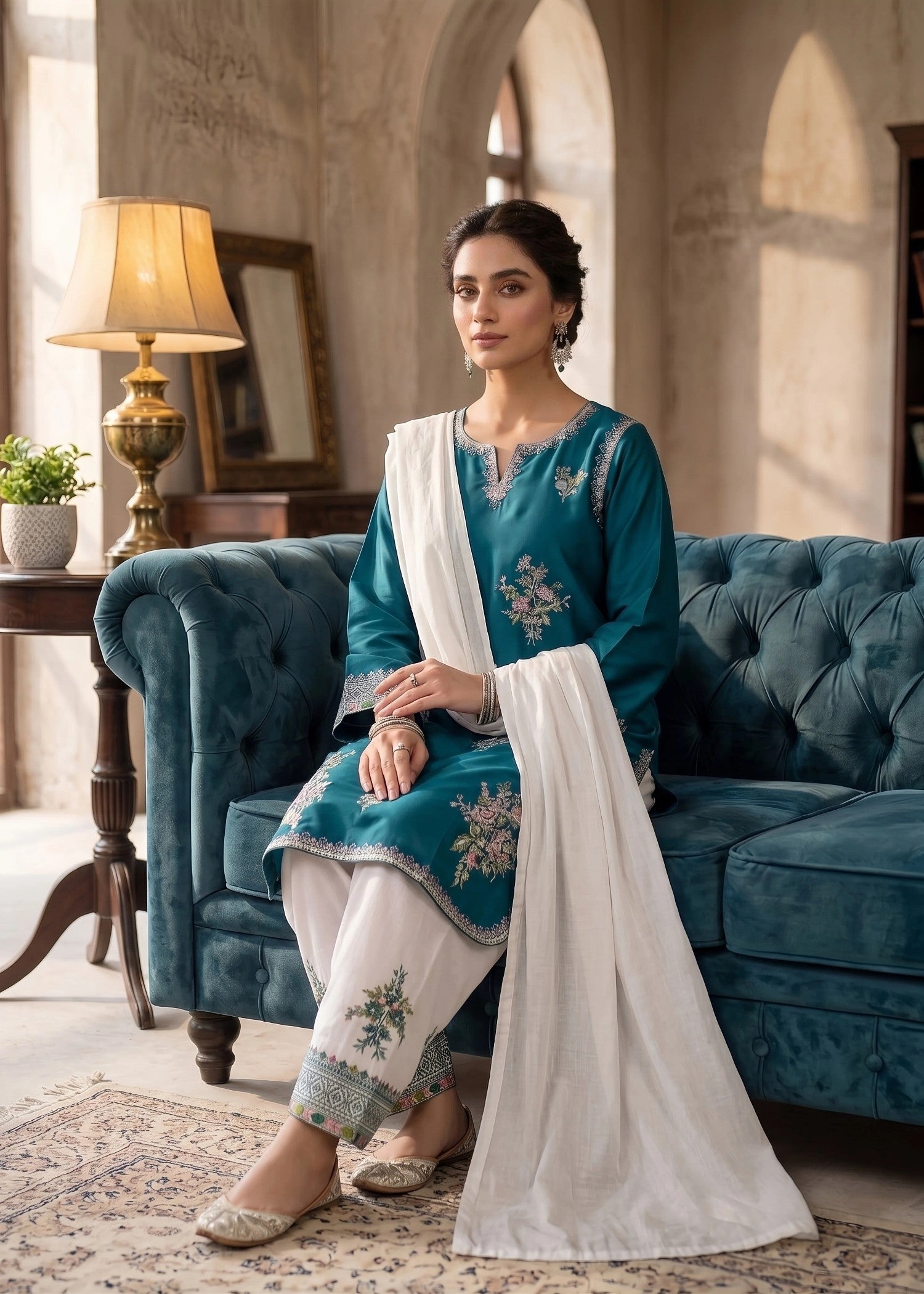 lawn cotton Kurta Set in White, teal
