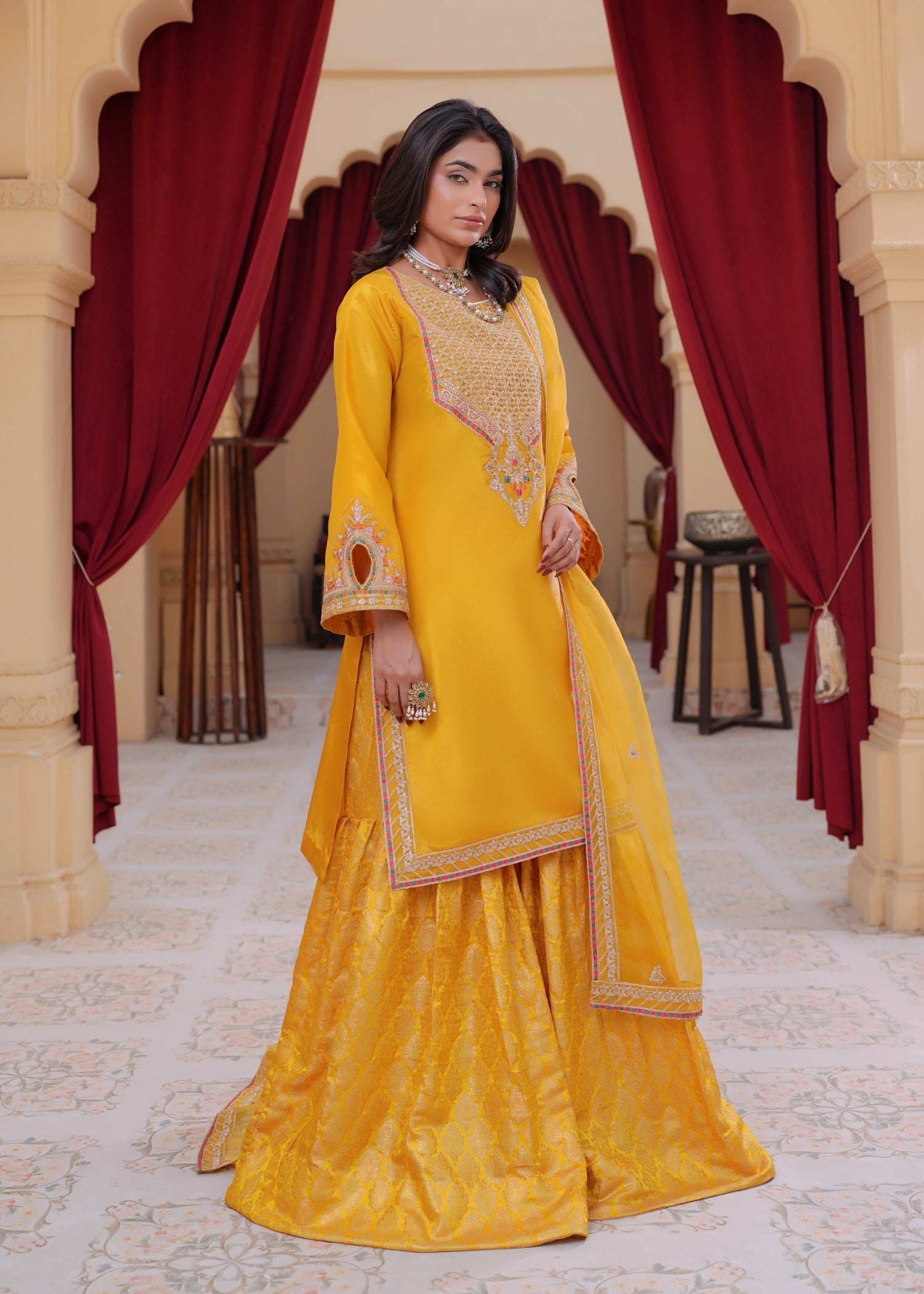 silk Gharara in Yellow