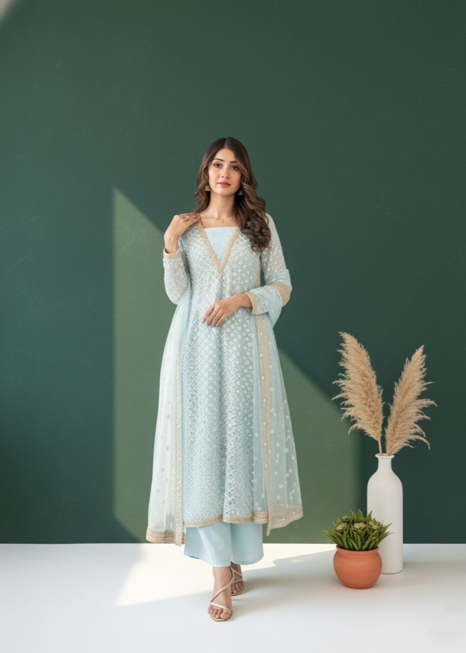 bemberg crinkle chiffon Kurta Set in Ice blue