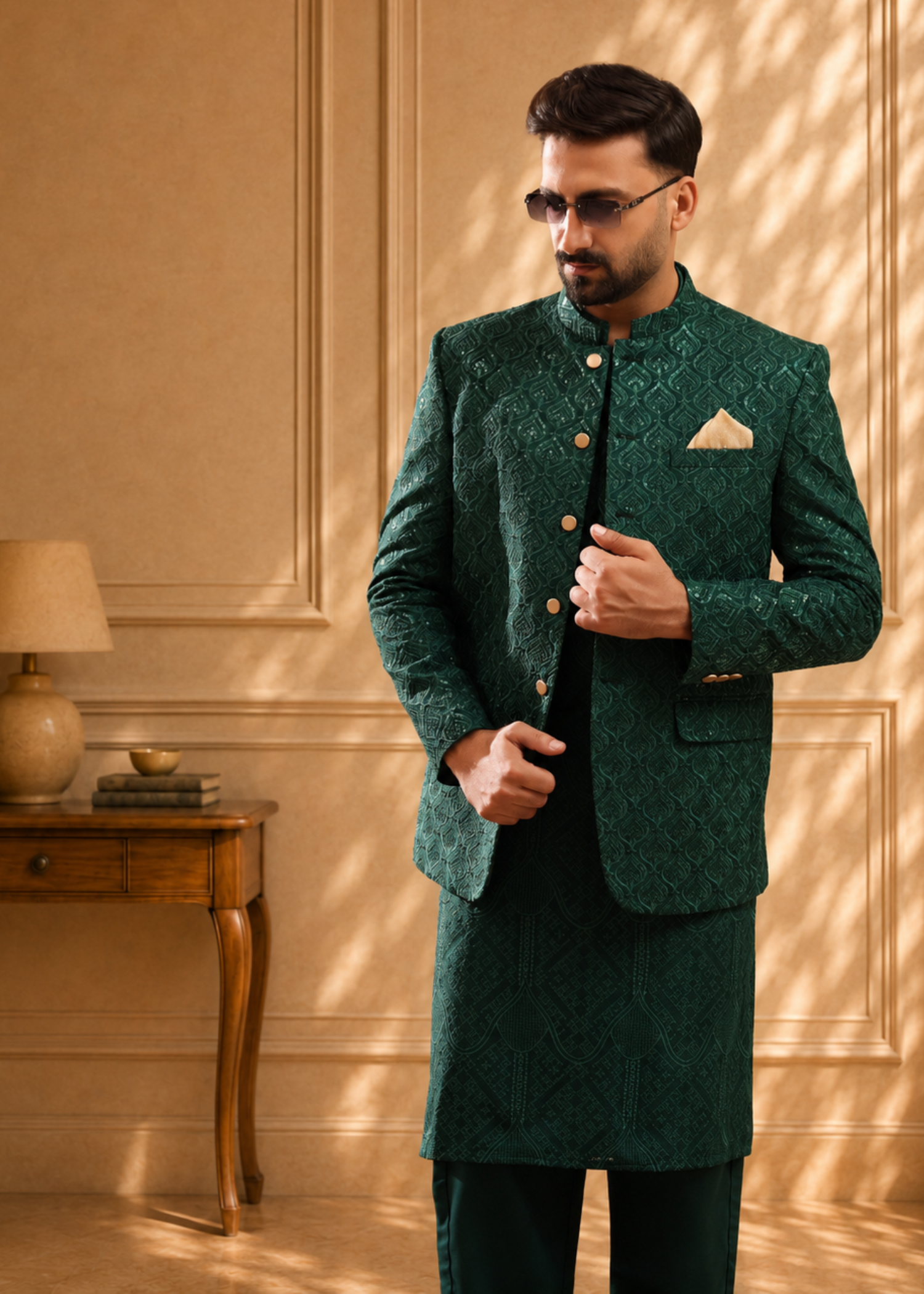 jamawar Prince Coat in Dark green