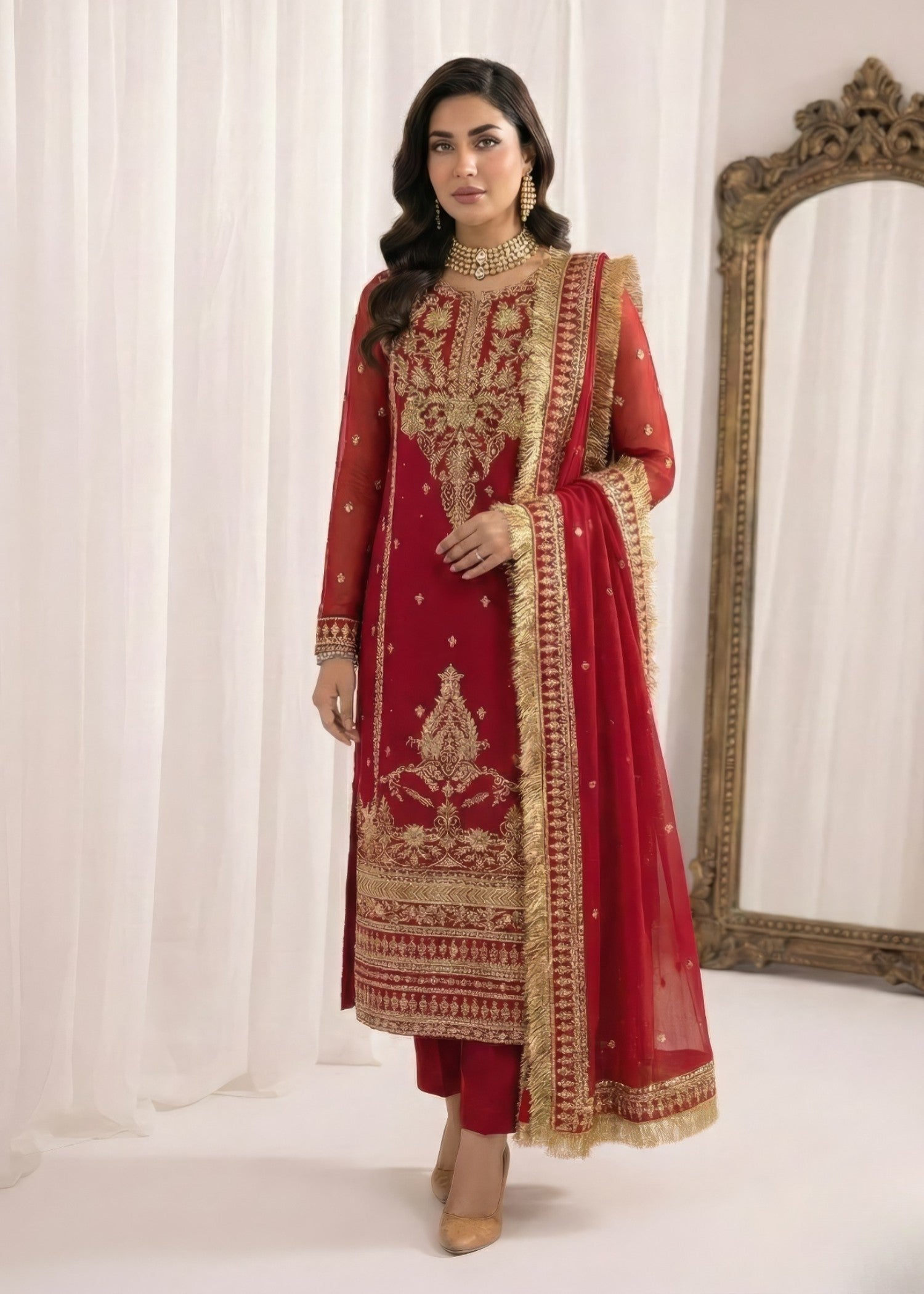 bemberg crinkle chiffon Kurta Set in Hot pink red
