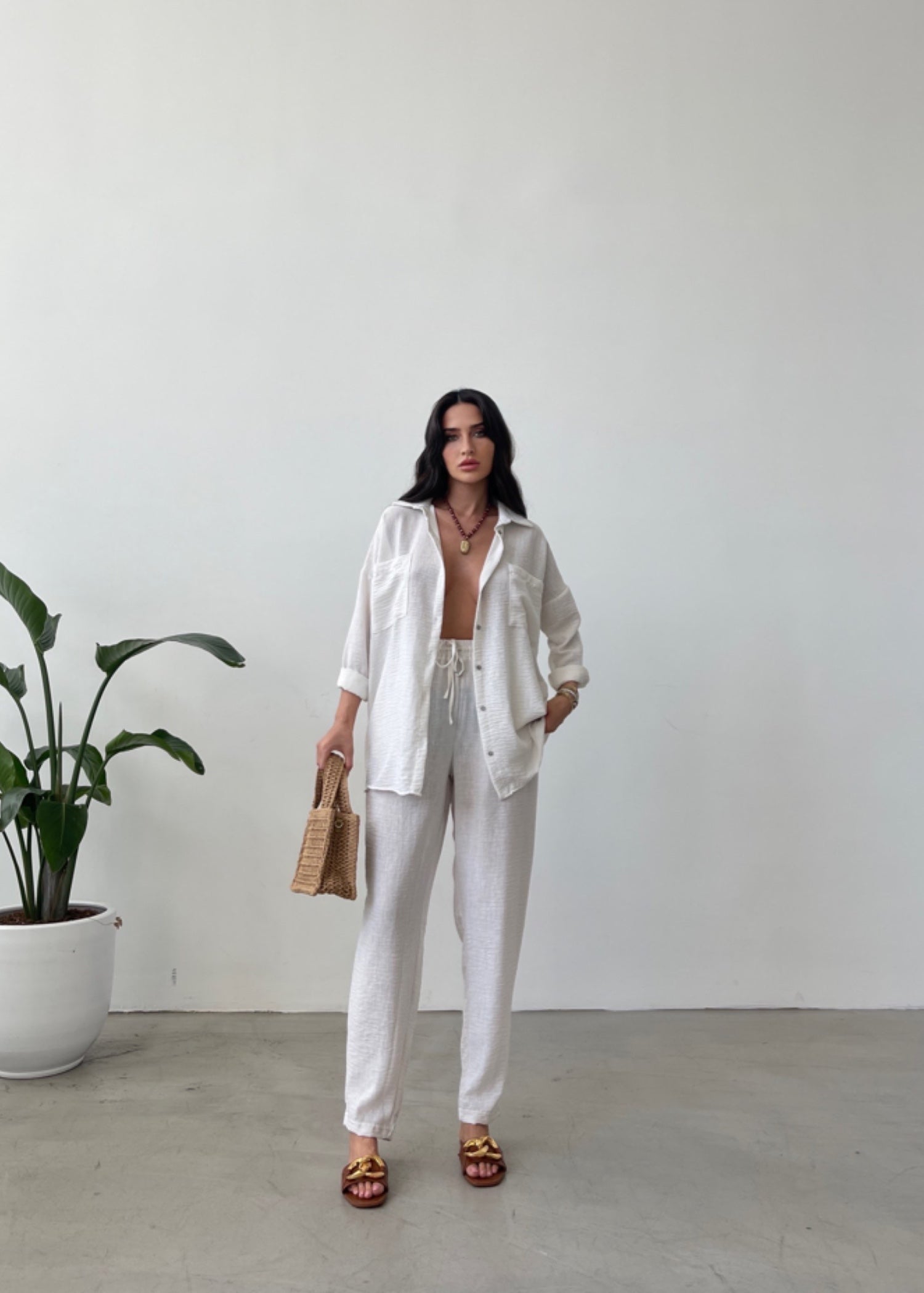 blended linen Co Ord Sets in Ghost white