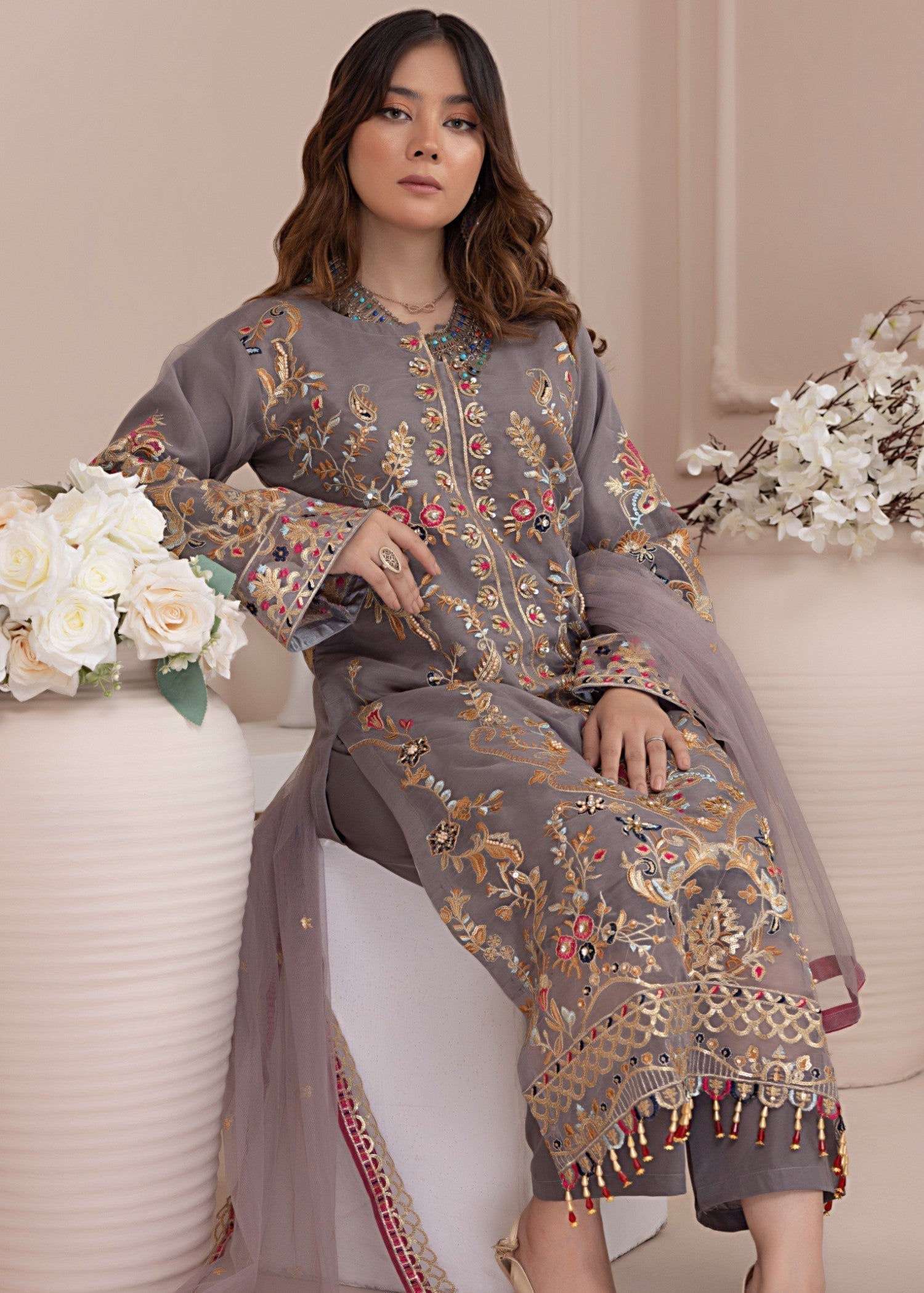 organza Kurta Set in Dark grey