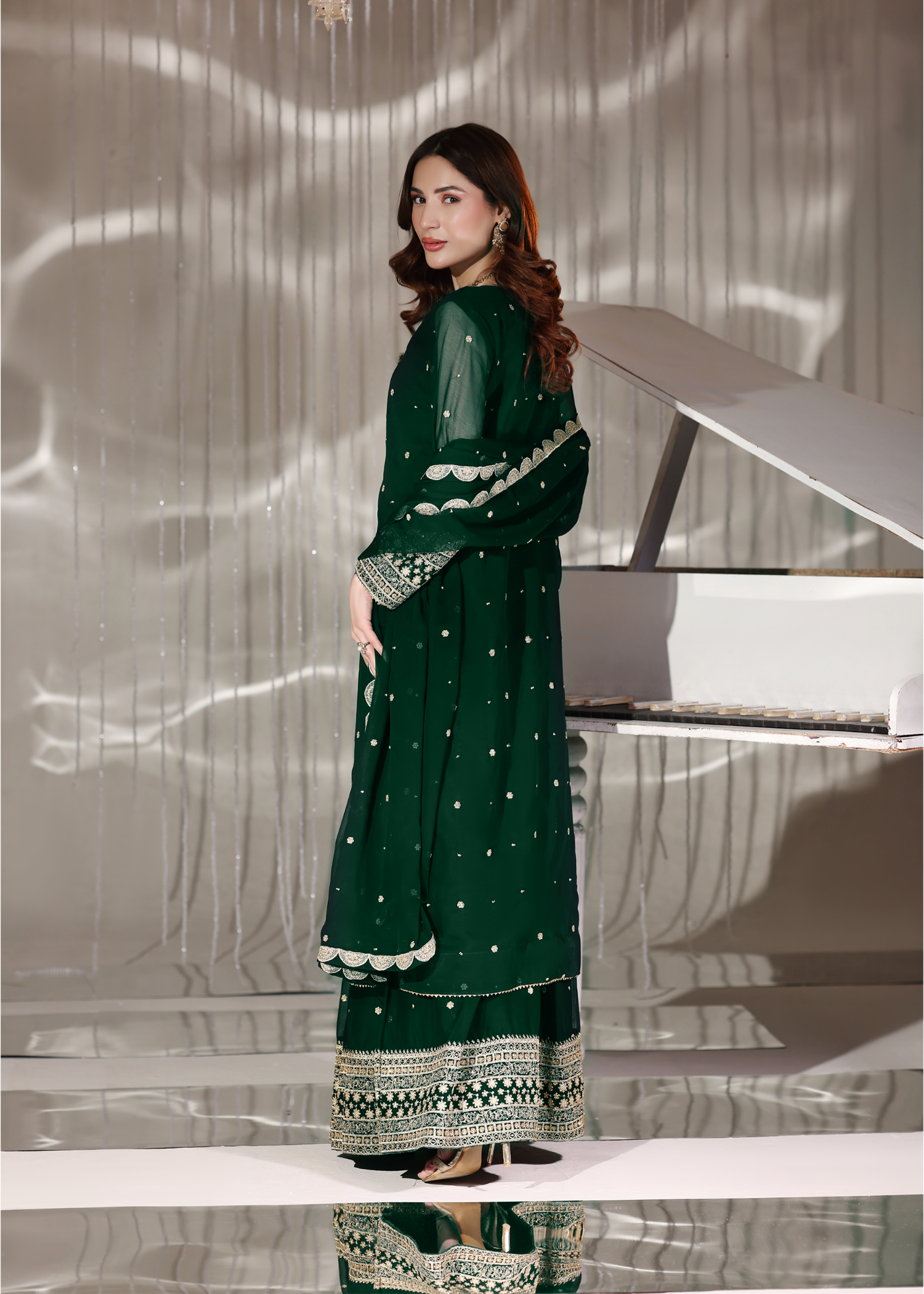 pk chiffon Lehenga in Dark green