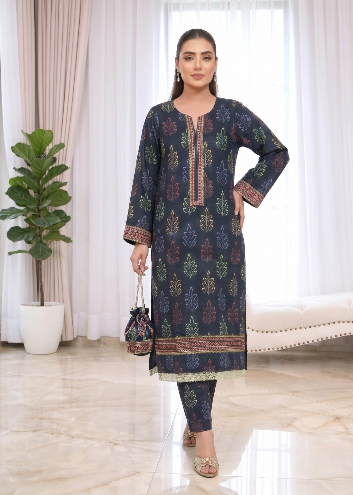 lawn Kurta Set in Prussian blue