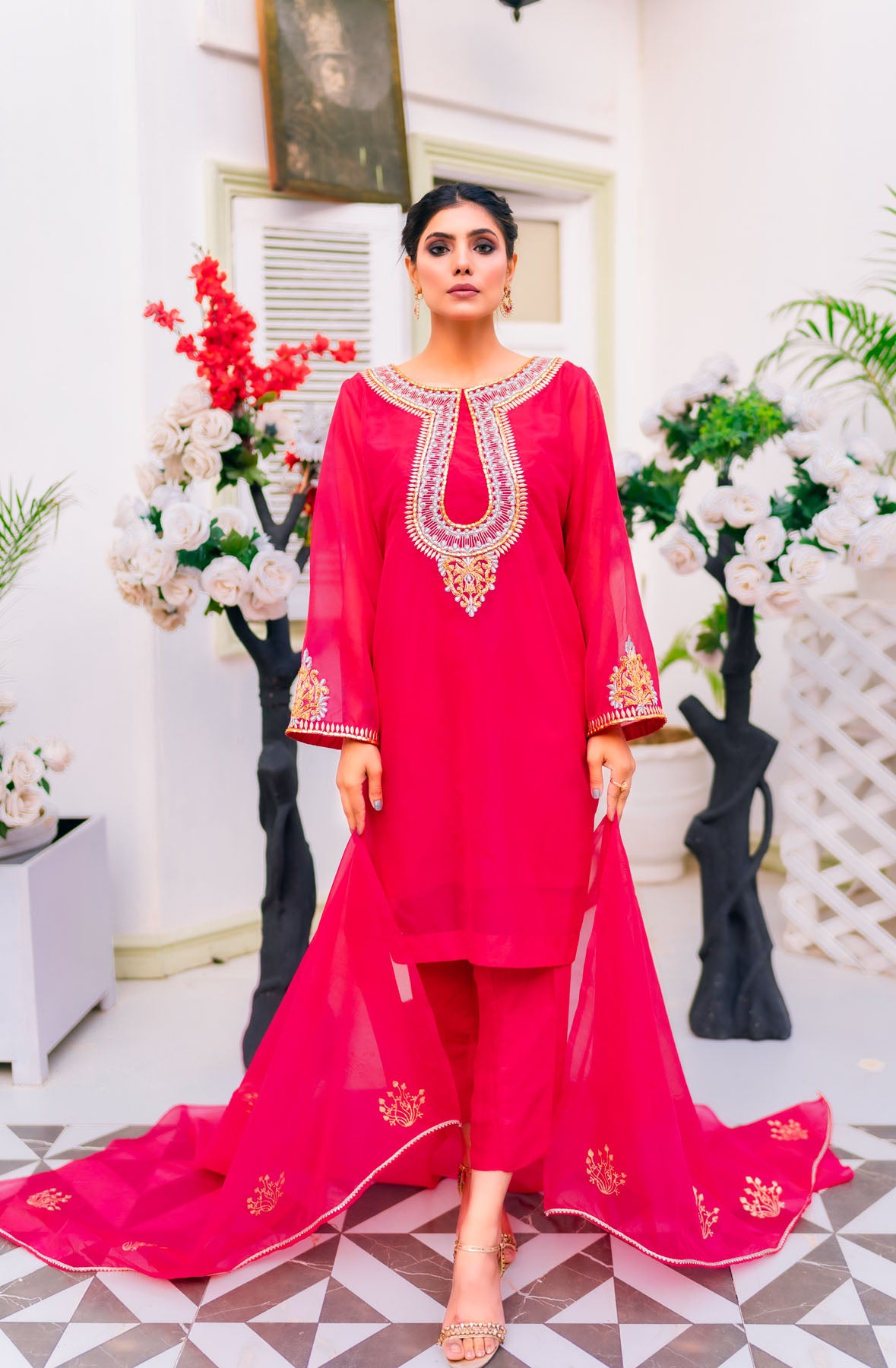 organza Kurta Set in Shocking pink