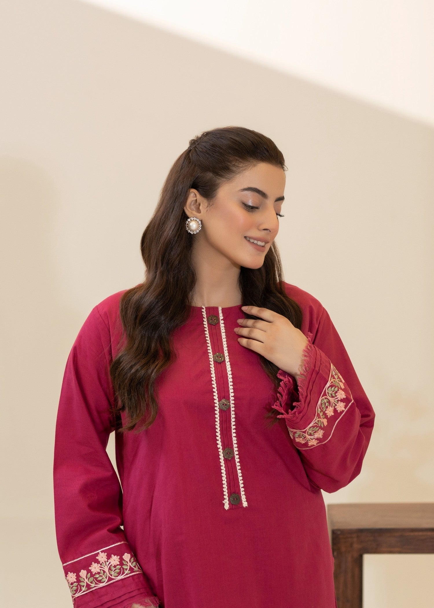 khaddar Kurta Set in Shocking pink