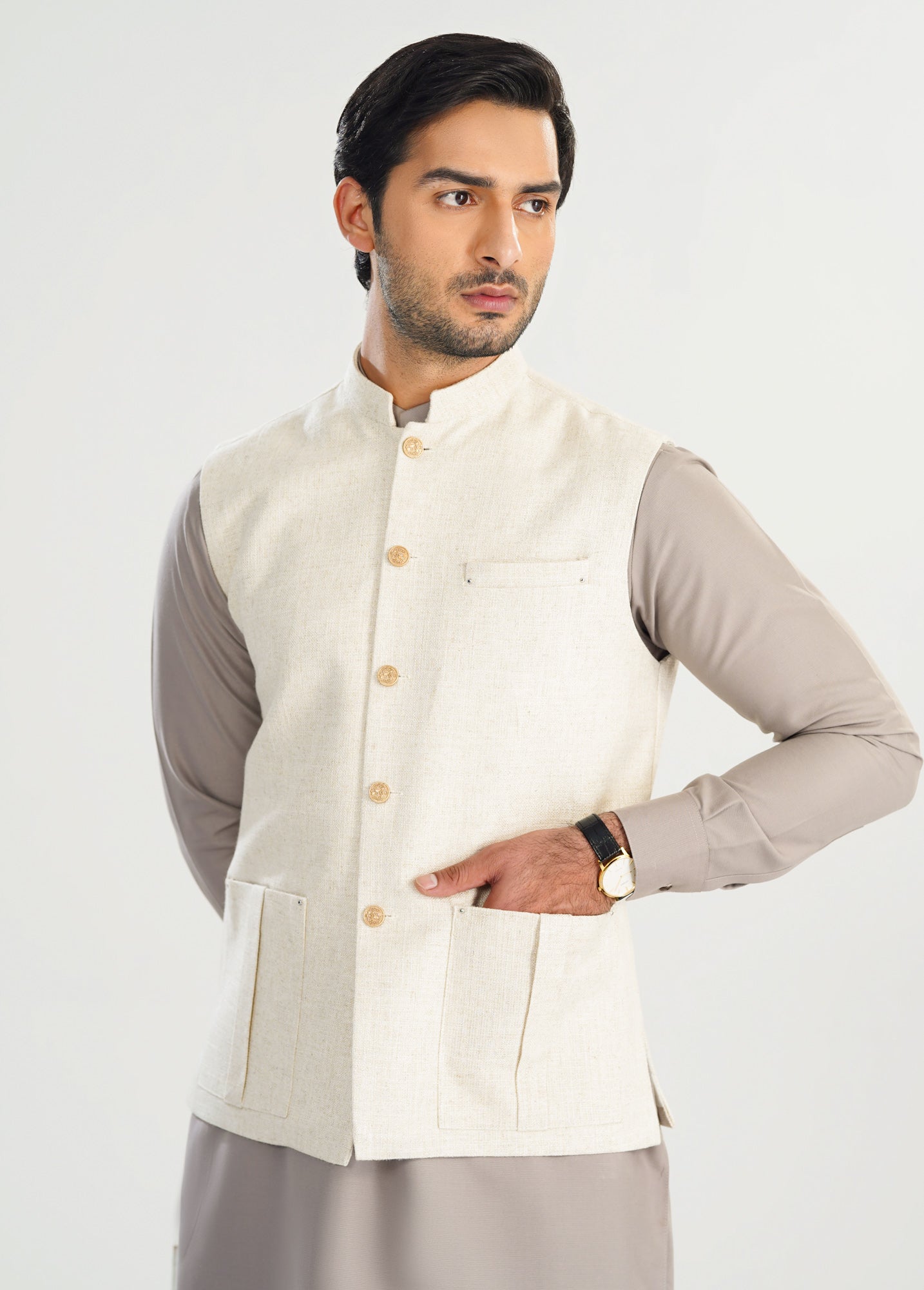 handwoven khaddar Waistcoat in Off-white