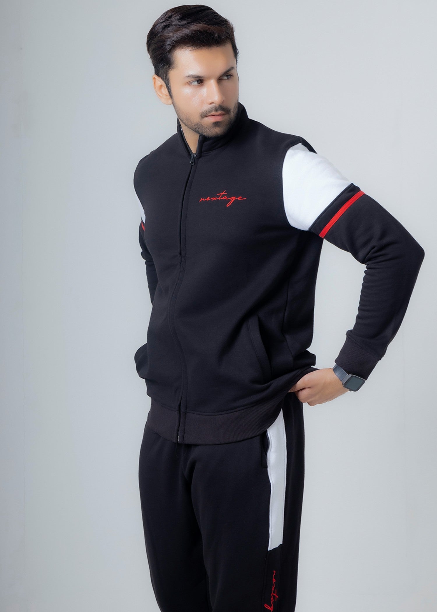 fleece Tracksuit in Black, red, white