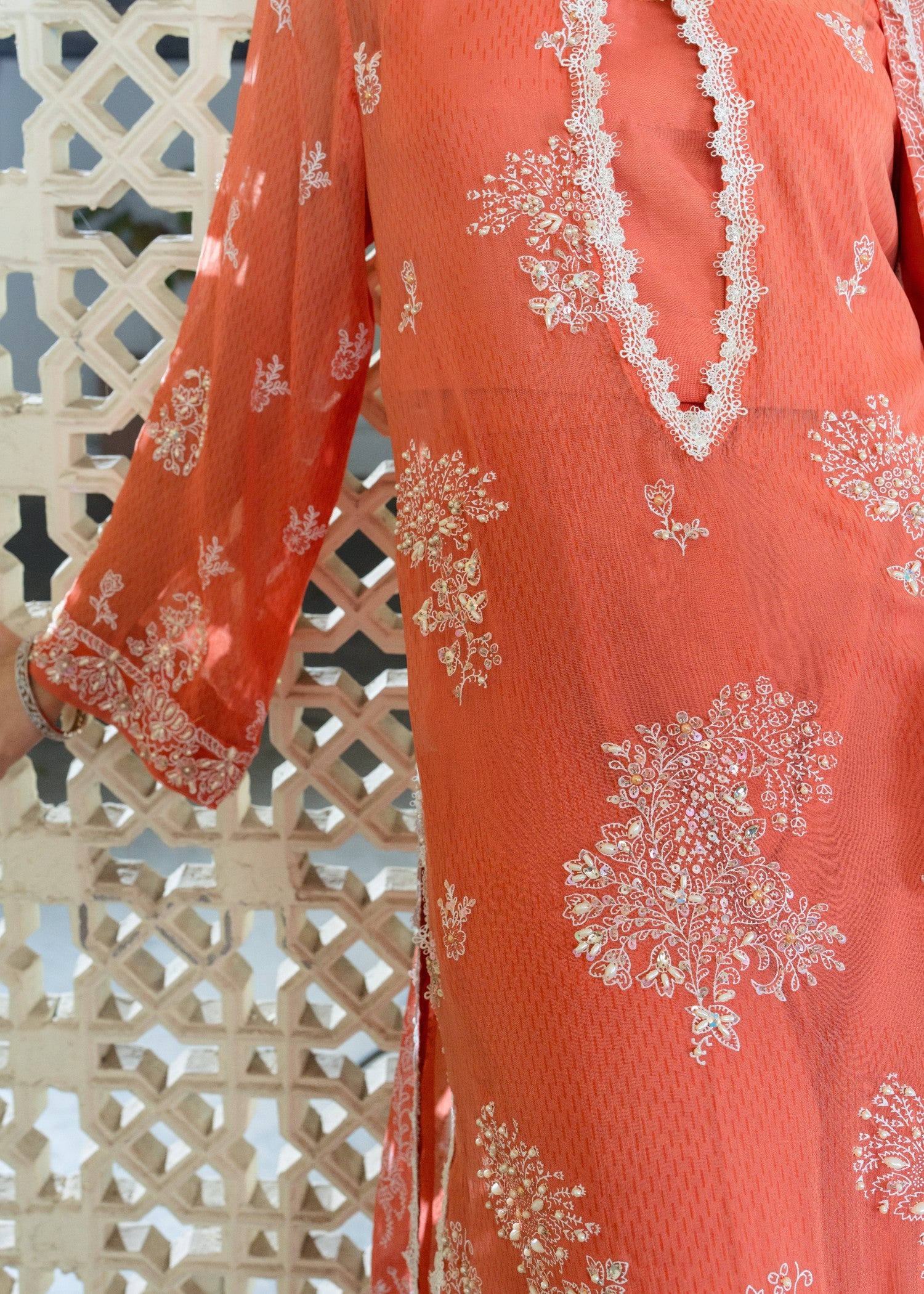 crinkle chiffon Unstitched in Salmon