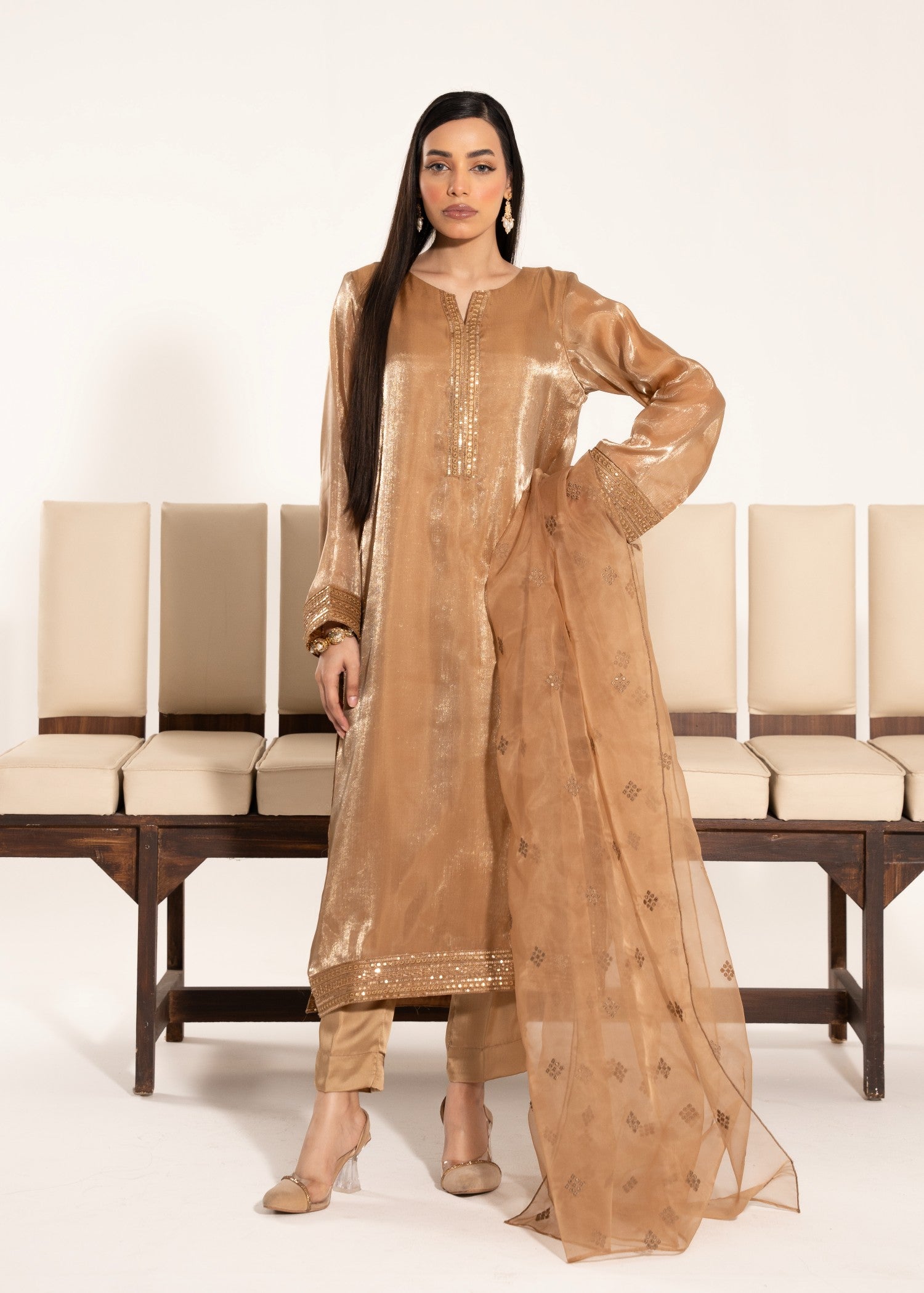 silk tissue Kurta Set in Gold