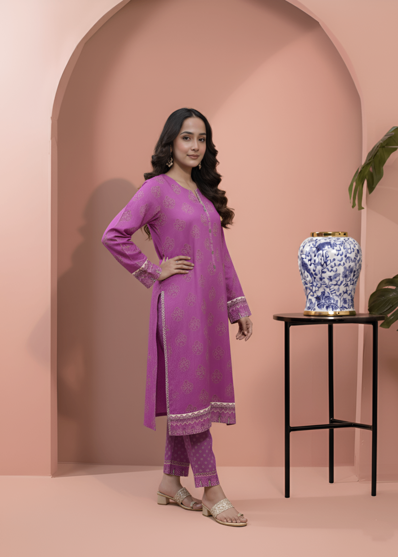khaddar Kurta Set in Magenta