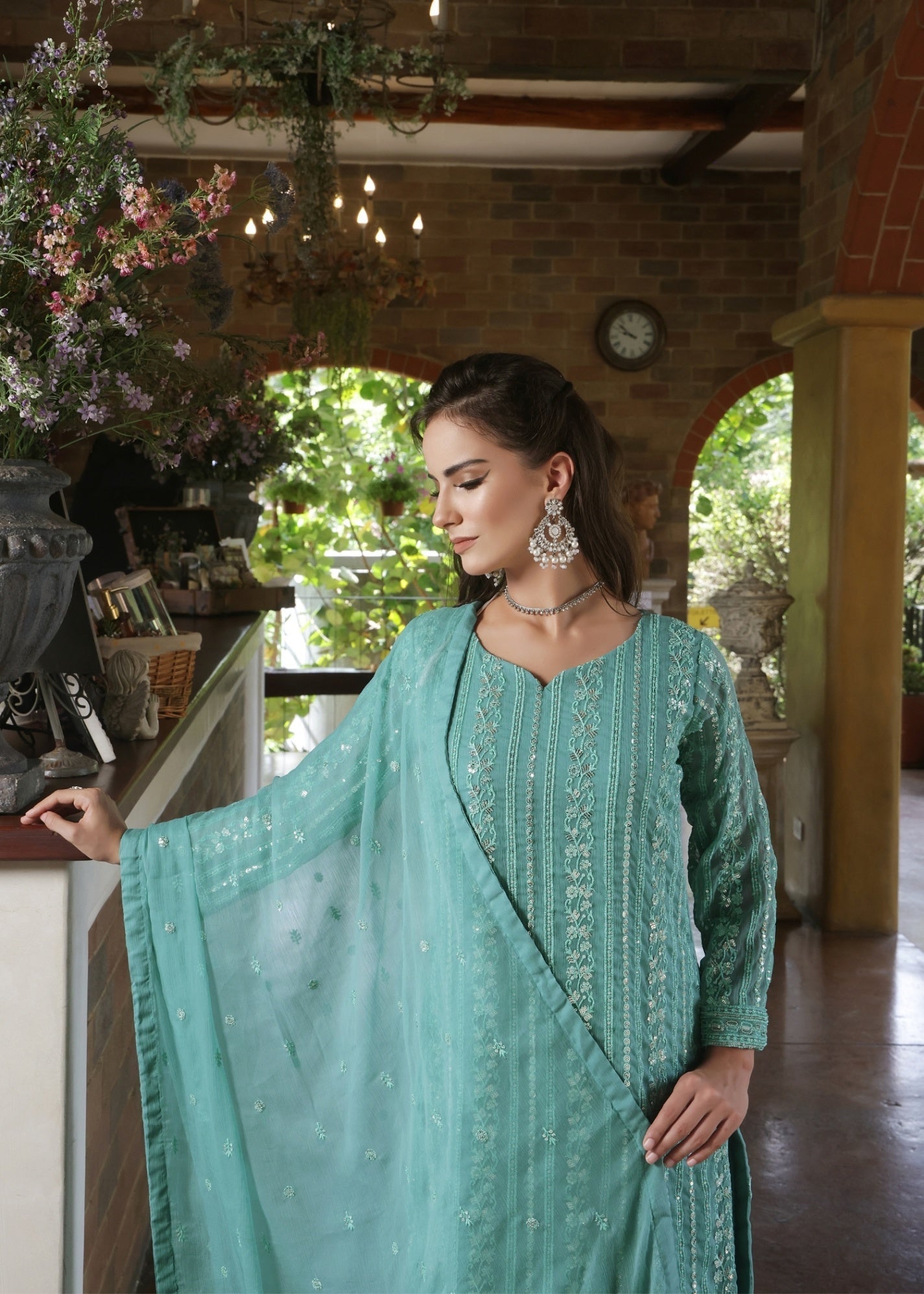 chiffon Kurta Set in Light cyan
