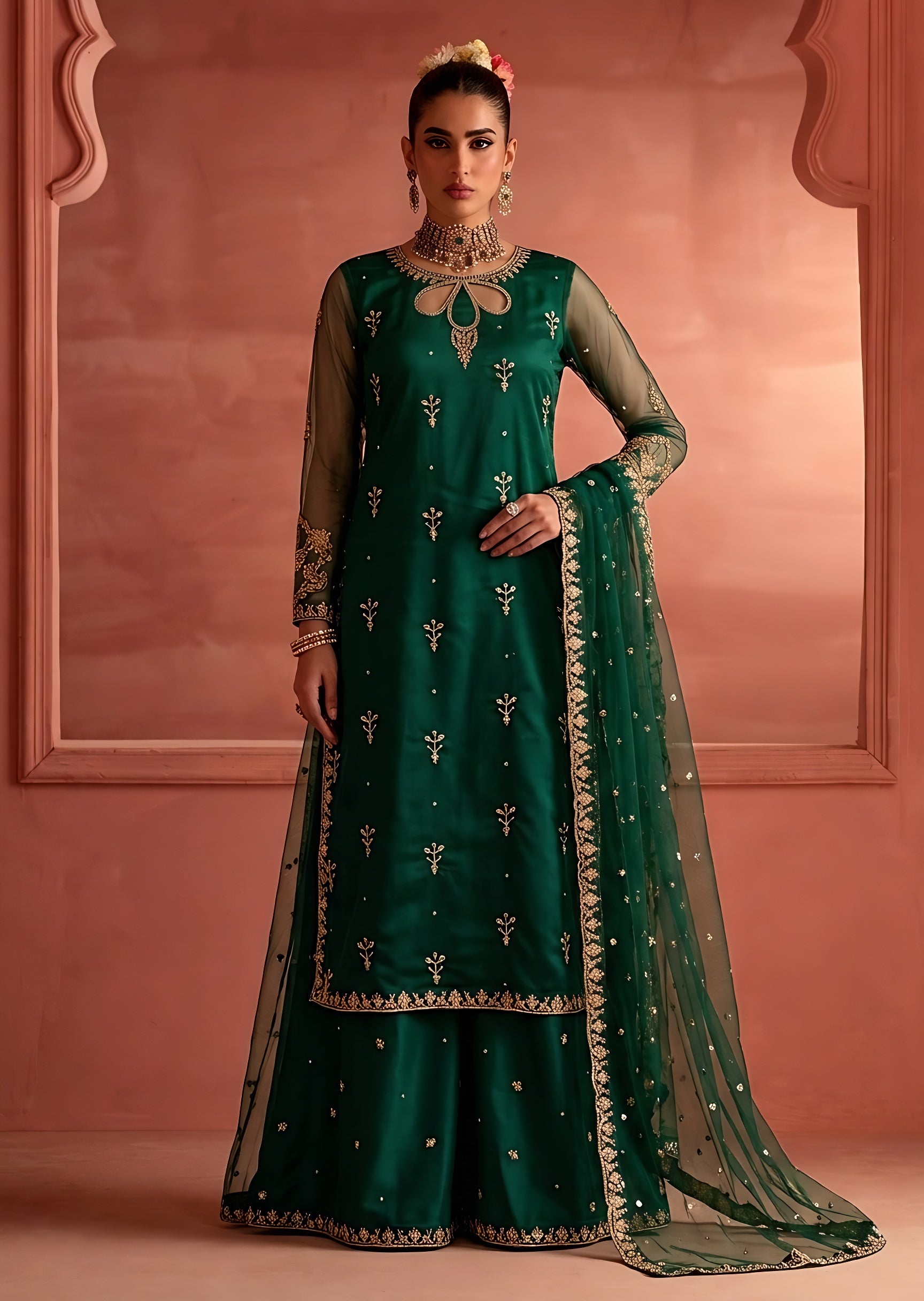 net Sharara in Bottle green