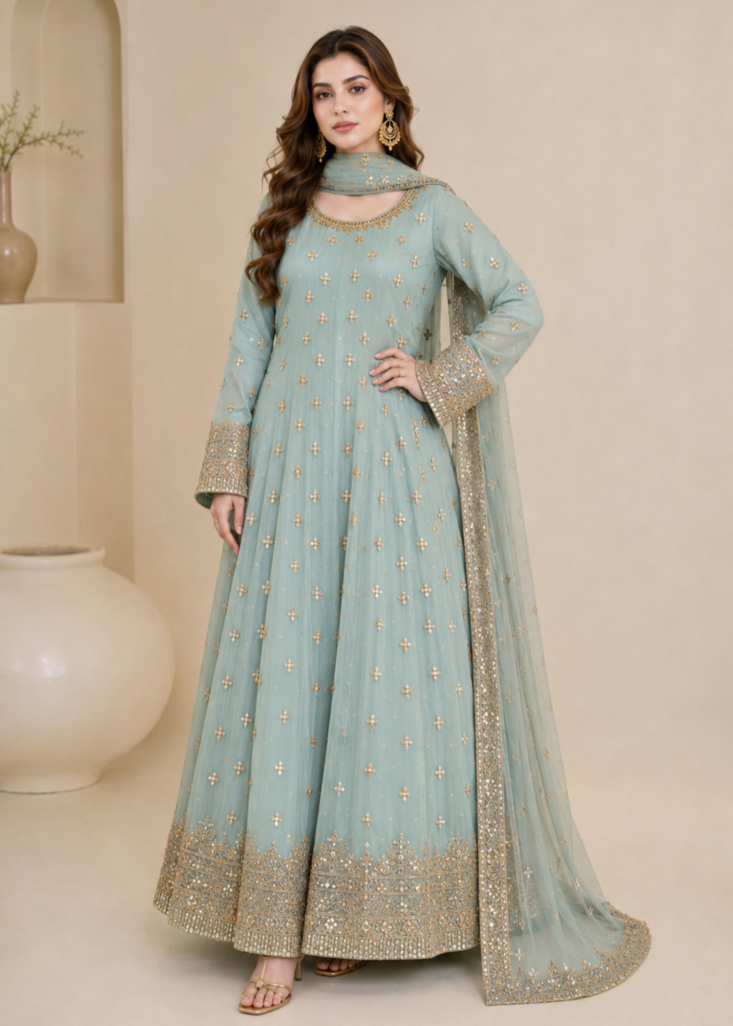 chiffon Pishwas in Aquamarine